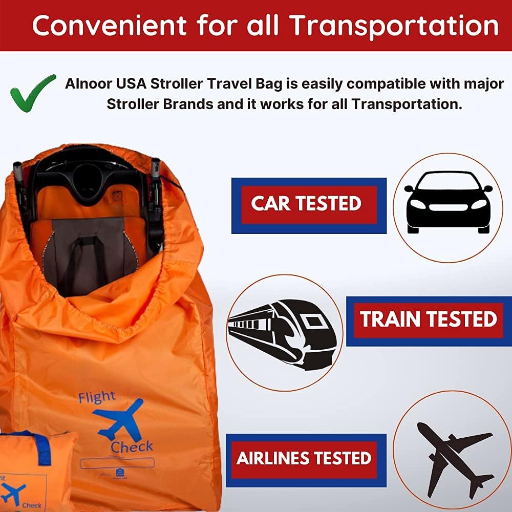 Alnoor USA Gate Check Bag for Single & Double Stroller Travel Bag for Air Plane | Extra Large & Ultra Durable - Includes Padded Shoulder Straps for Comfort & Durability With Pouch – Bonus E-Book