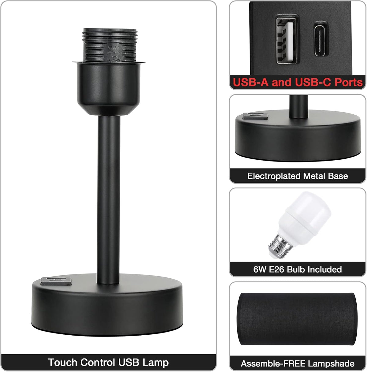 Black Touch Nightstand Lamps for Girl - Small Bedside Lamp with USB-C and USB Charging Ports, 3 Way Dimmable Control Table Lamp for Living Room Office, Dorm, Reading with Fabric Shade Black Base