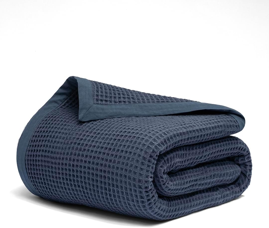 Salt Earth GOTS Certified 100% Organic Cotton Throw Blanket, 60" X 80" Waffle Blankets & Throws for Bed, Throw Blanket for Couch,Modern and Cozy Blanket,All Seasons Waffle Blanket, Soft Blanket(Navy)