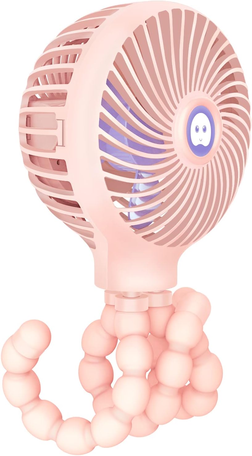TRELC Mini Handheld Stroller Fan, Personal Portable Baby Rechargeable Fan With Flexible Tripod, Upgraded Version, Gift for Children Office Treadmill Room Car Traveling BBQ Gym (Pink)
