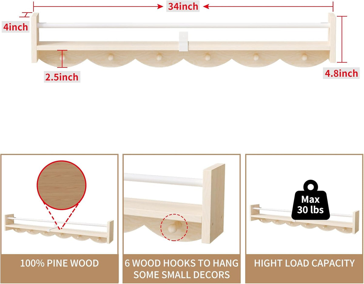 Nursery Bookshelves Wall Mounted，34inch，Set of 3, Floating Shelf Kids Coat Rack with 6Hooks,Hanging Shelf for Baby Nursery Room Décor, Patent Number: 29924445,Burlywood