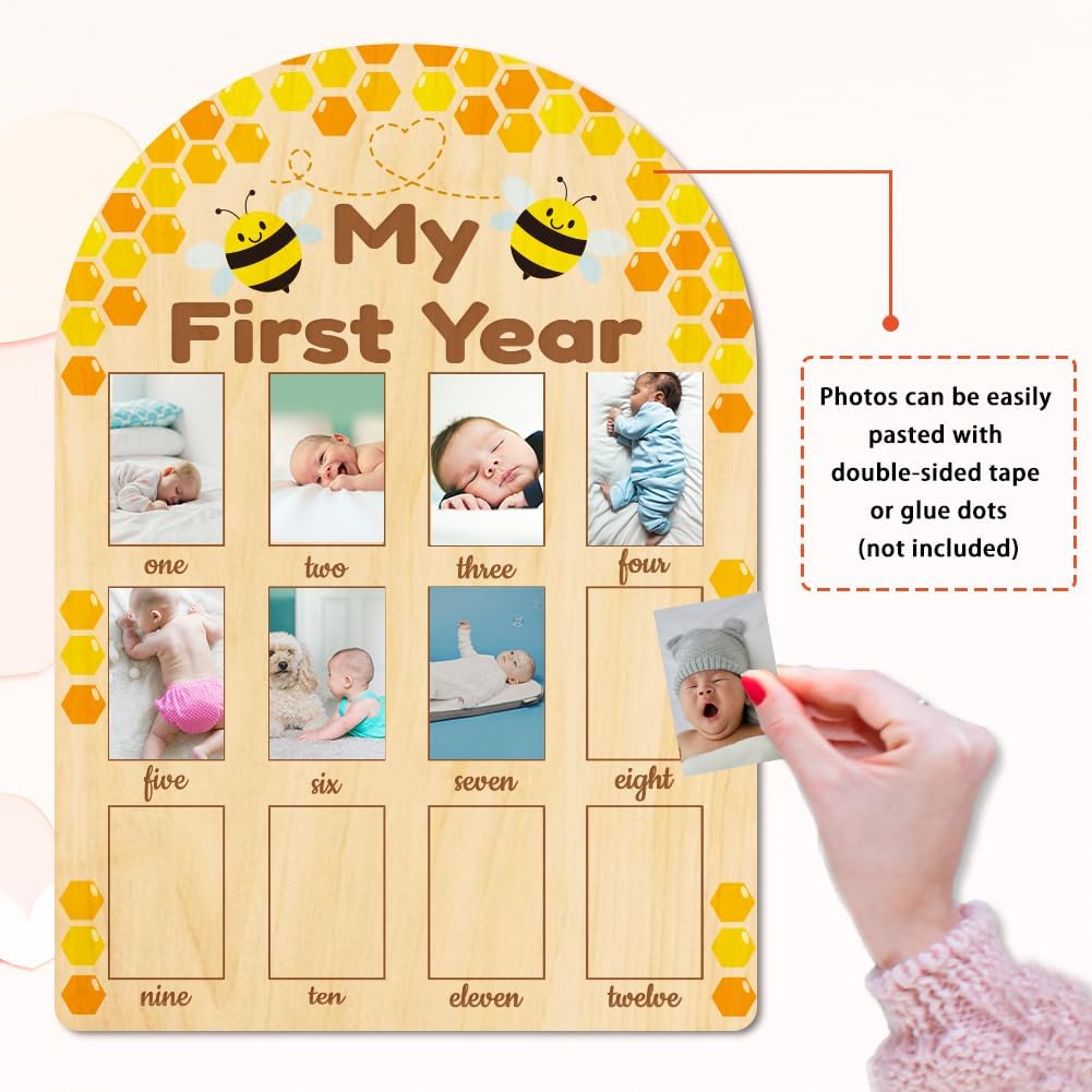 ORIGACH My First Year Baby Growth Photo Display Wood Board - 12 Months Newborn Milestones Photo Board - Neutral Baby Keepsake Board 1st Birthday Party Nursery Decor New Mom Gift - Bee