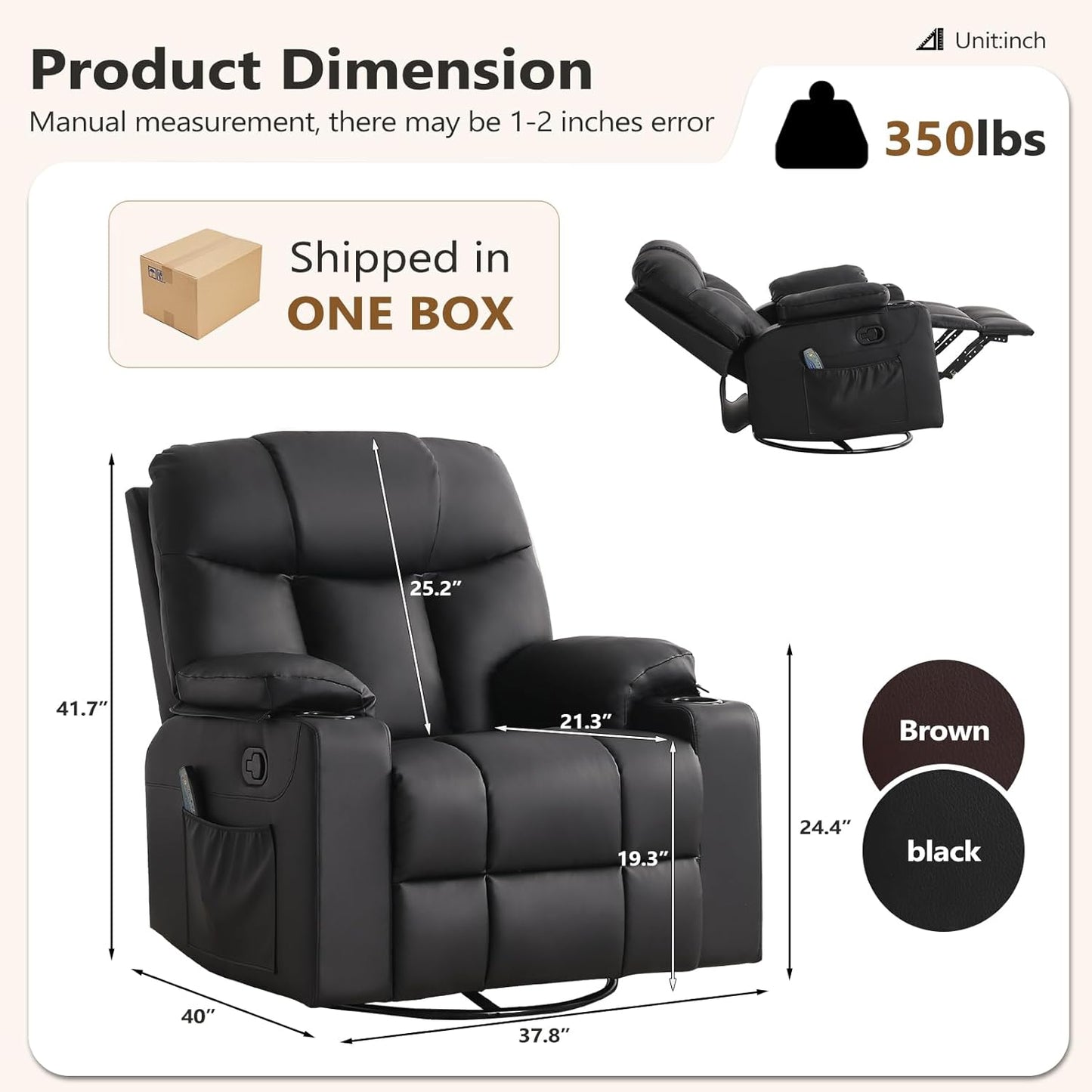 ANJ Swivel Rocker Recliner Chair Set of 3, Black PU Leather, Manual 3-Position Reclining with Massage & Heat, Cup Holders