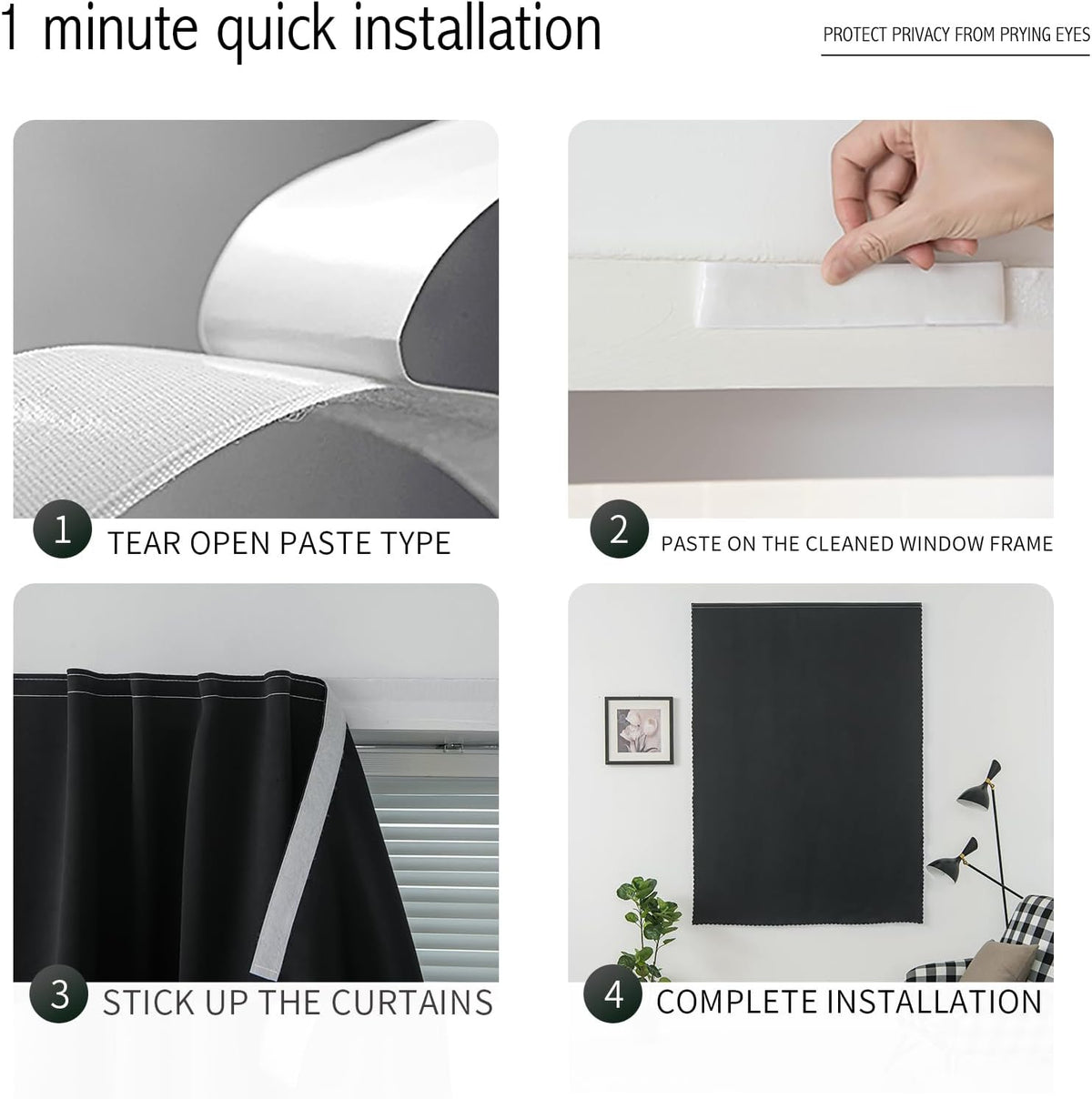 Adhesive Blackout Curtains- Self Stick Shades Window Blinds Curtains No Rod Needed Easy to Hang Curtains, Use for Bedroom, Living Room, Dining Room, Kitchen, Home Office, 35"W X 79"L, Black, 1 Panel