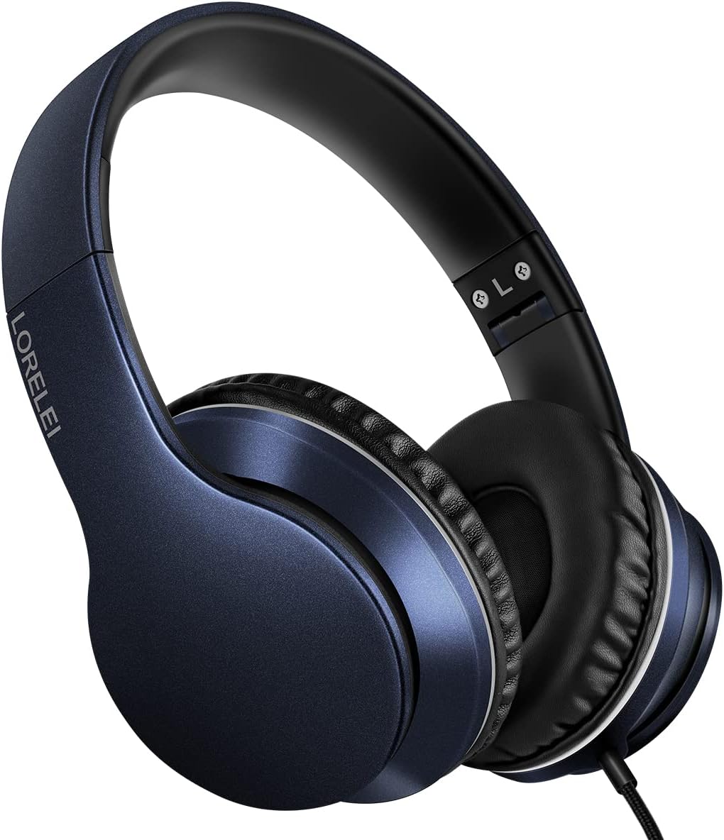 LORELEI X6 Over-Ear Headphones with Microphone, Lightweight Foldable & Portable Stereo Bass Headphones with 1.45M No-Tangle, Wired Headphones for Smartphone Tablet MP3 / 4 (Dark Blue)