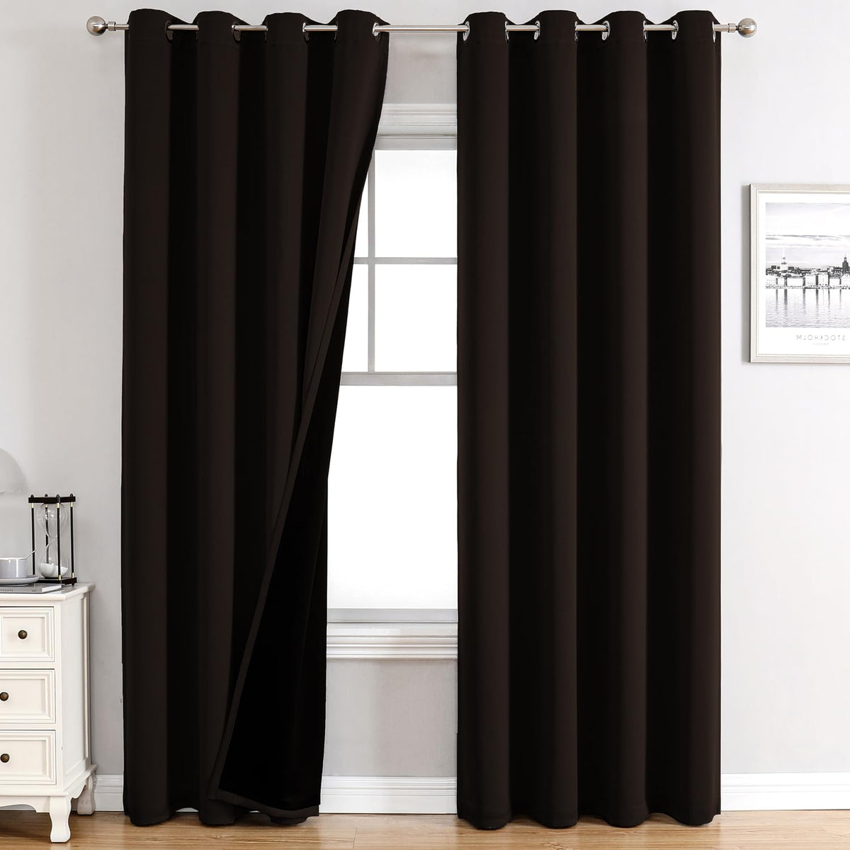 ChrisDowa 100% Blackout Curtains for Bedroom with Black Liner, 2 Thick Layers Total Blackout Thermal Insulated Grommet Window Curtains 2 Panels Set (Brown, 52 x 84 Inch)