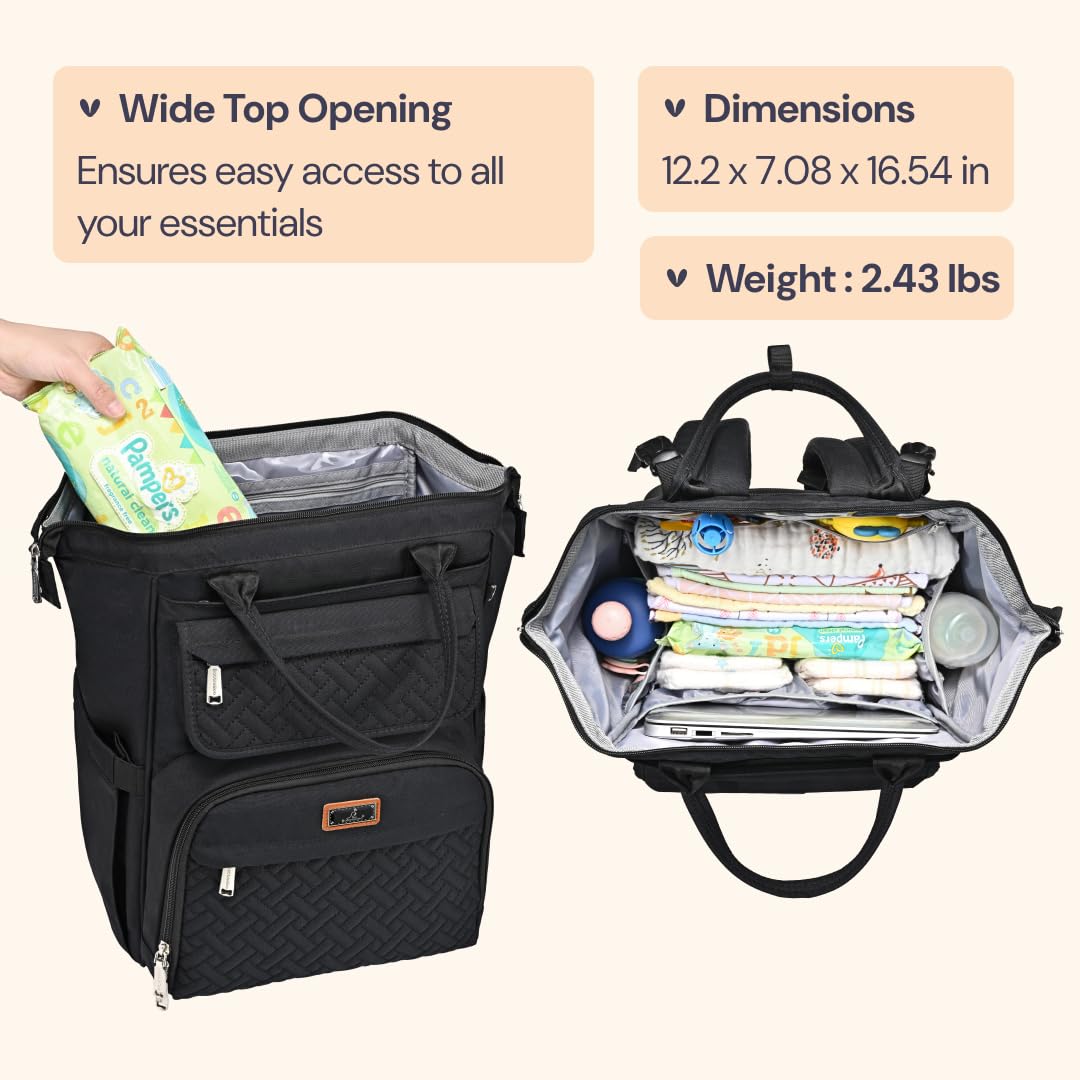 BabbleRoo Diaper Bag Backpack, Multifunction Nappy Changing Bag with Changing Pad, Stroller Straps & Pacifier Case, Unisex Stylish Travel Back Pack for Moms & Dads - Black