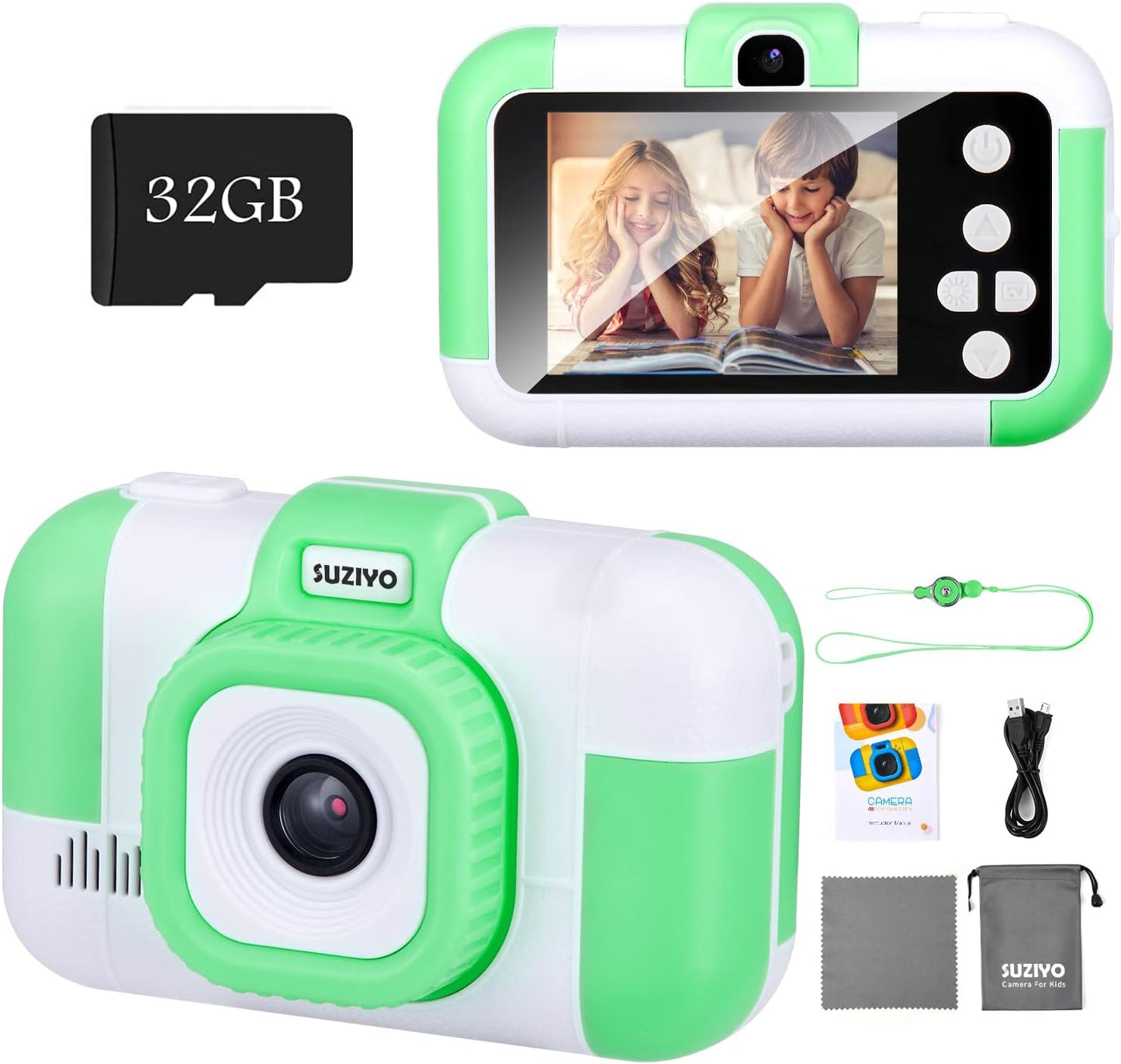 SUZIYO Kids Video Camera, Best Christmas Birthday Gifts Toys for Children, Toddlers Selfie Digital Camcorder 1080P Dual Lens 2.4 Inch HD for Age 3-8 Years Old Boys Girls with 32G SD Card, Green
