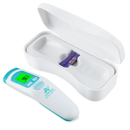 Amplim Non-Contact Forehead Thermometer & Case for Adults, Kids, Baby, FDA Cleared, Medical Grade, Touchless Infrared, 1-Sec Reading, Fever Alarm, Memory Recall, Quiet Mode, (White)
