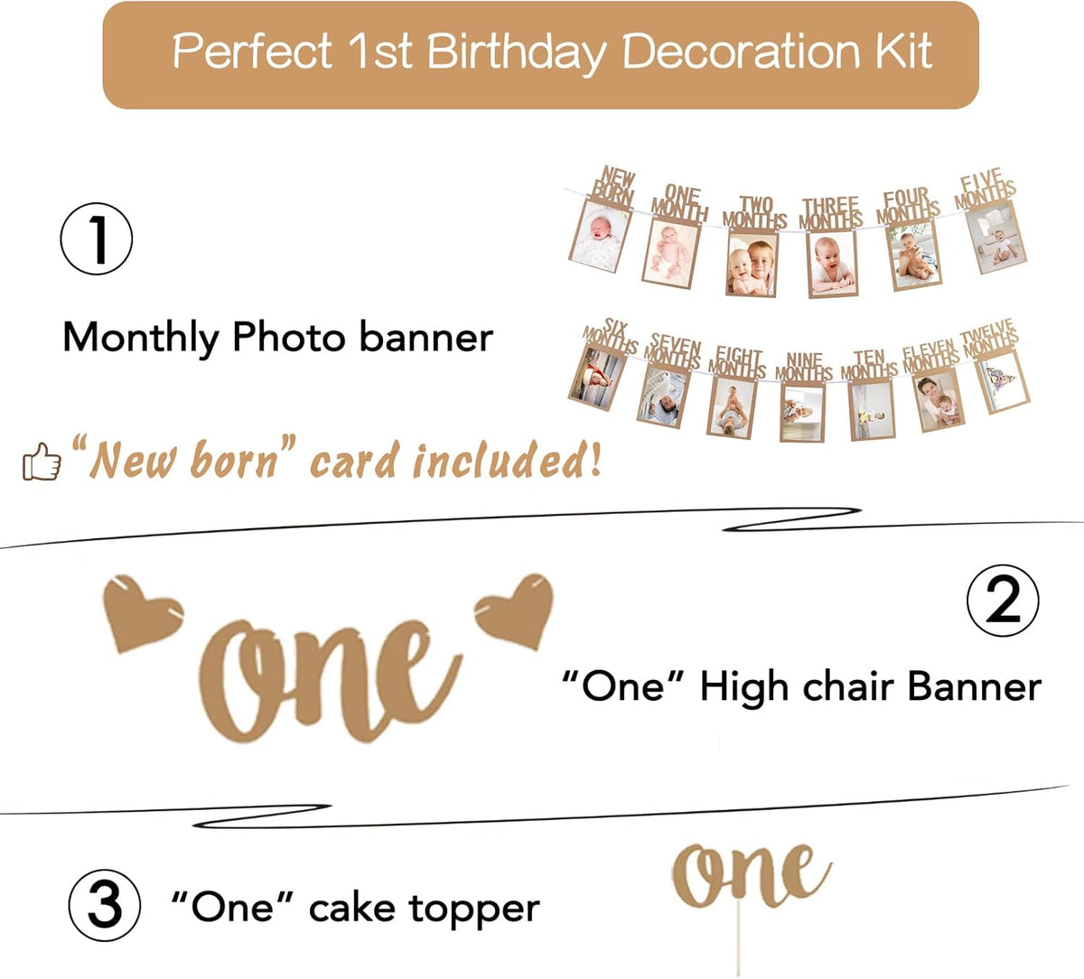 1st Birthday Photo Banner Decorations Monthly Milestone Photograph Bunting Garland with First Birthday Cake Topper High Chair Banner 1st Birth Decorations