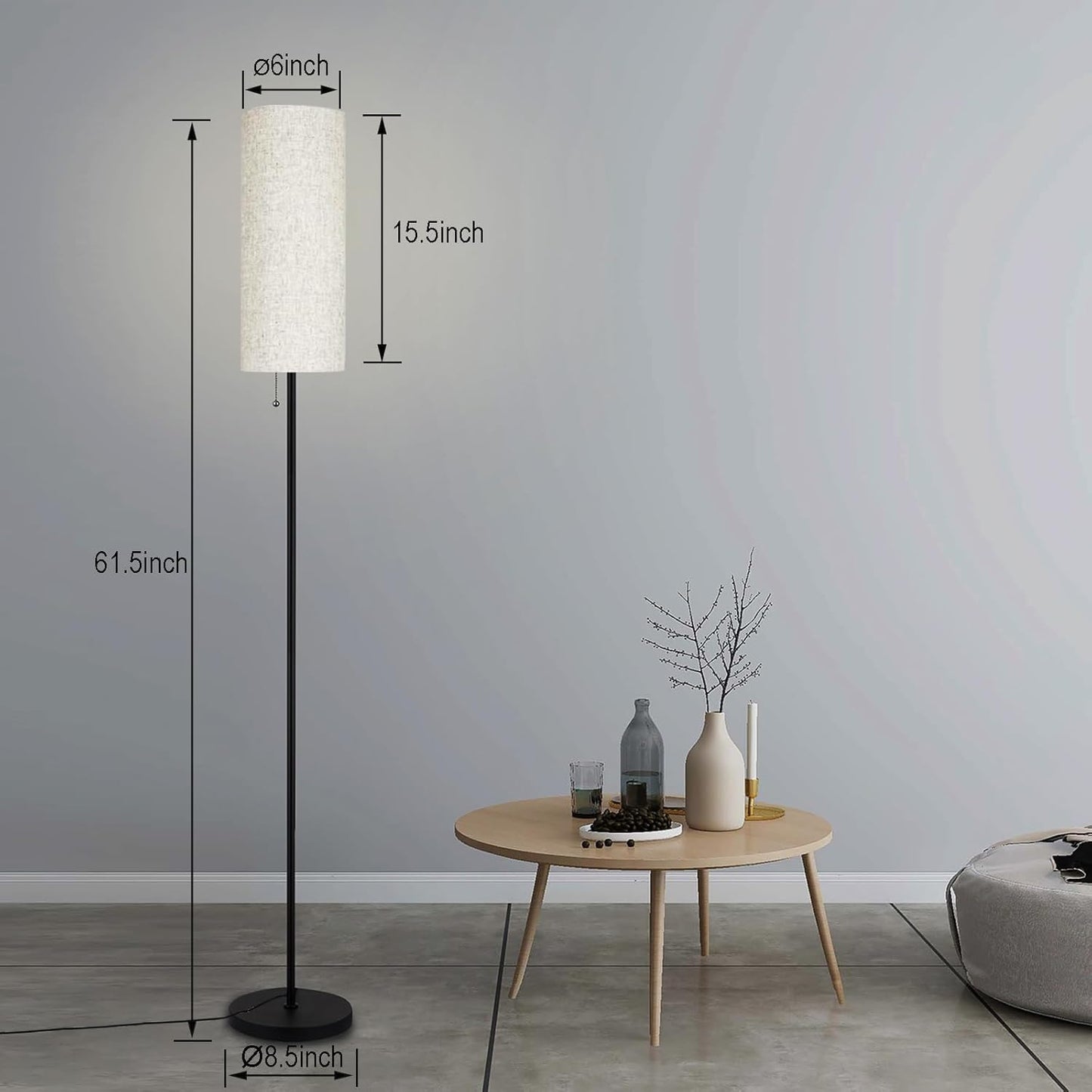 Floor Lamp for Living Room, Modern Standing Lamps with Lampshade, Minimalist Tall Lamp with Chain Switch for Living Room, LED Bulb Included (Beige Shade-Remote Bulb)