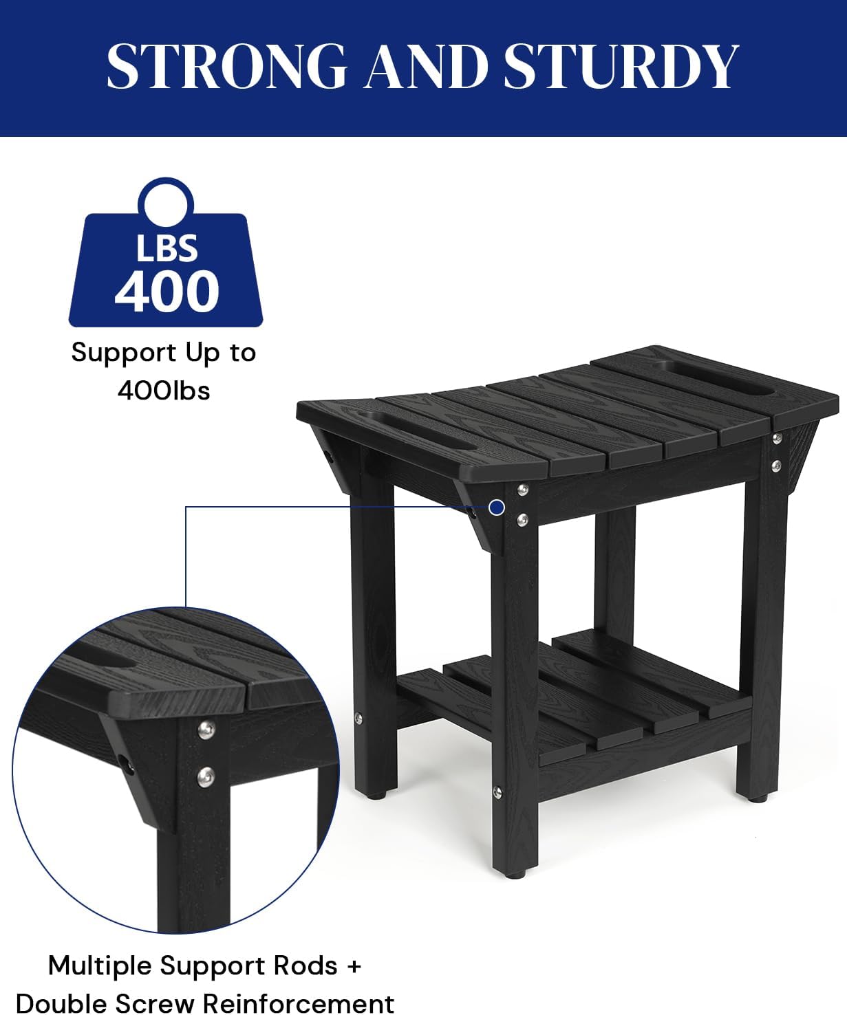 Waterproof Shower Bench, Poly Lumber Shower Stool for Shaving Legs, Shower Chair Seat with Storage Shelf and Handles, Bathroom Bench for Inside Shower, Non-Slip (Black)
