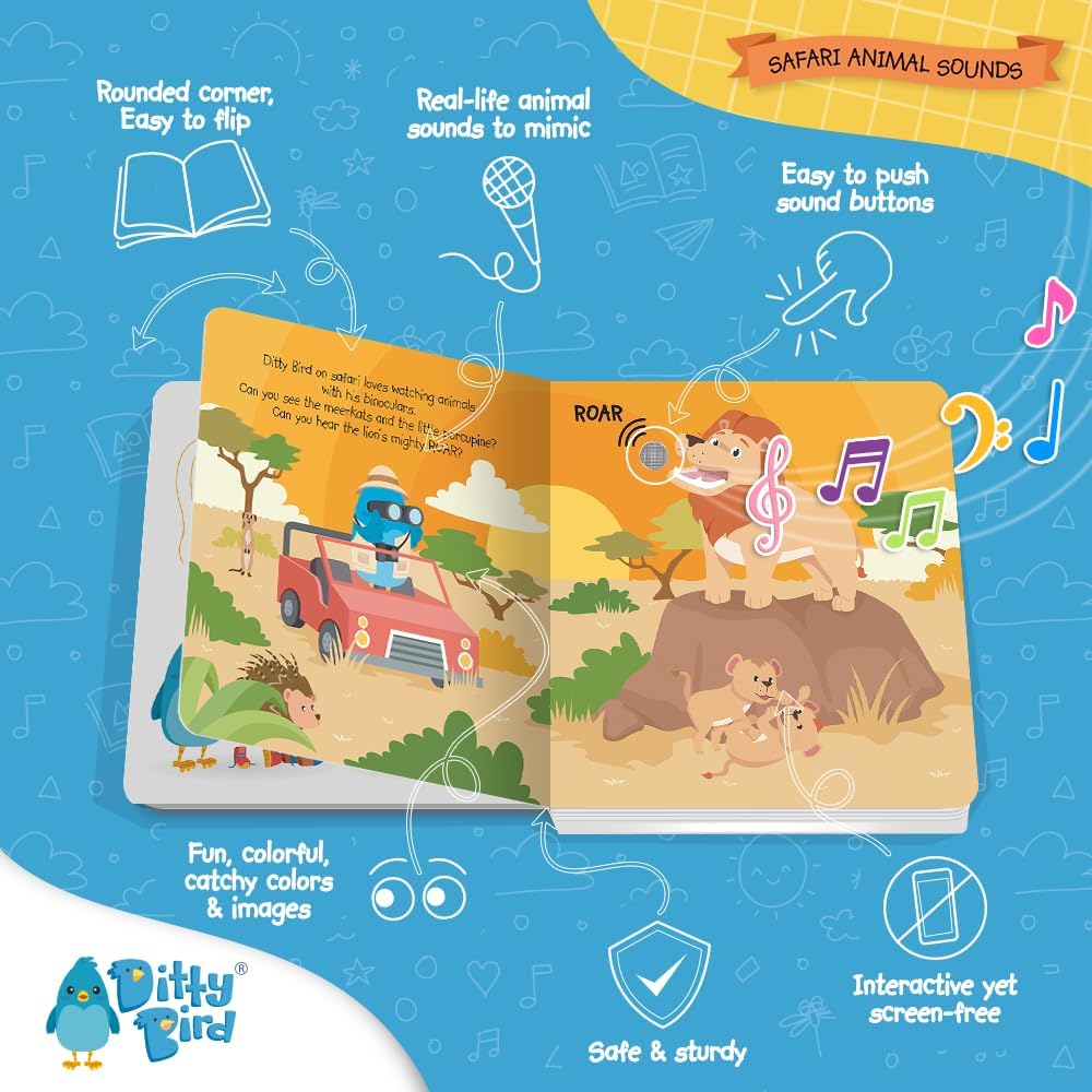 Ditty Bird Safari Book for Toddlers | Realistic Animal Sound Book | Interactive Safari Board Books for Toddlers 1-3 | Sensory, Musical Books for Animal Lovers | Sturdy Nursery Rhyme Toys for Baby