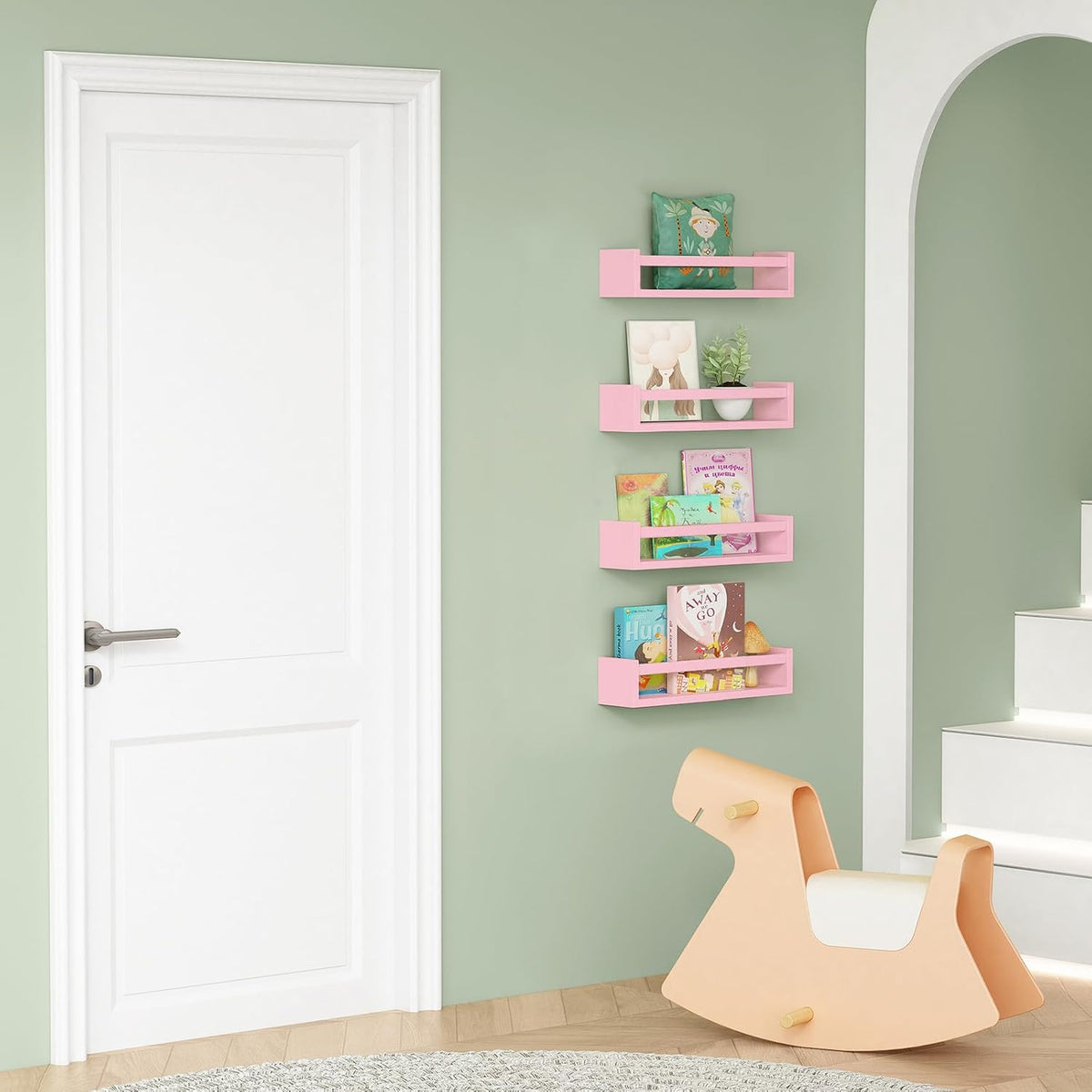 Forbena Pink Floating Shelves for Wall, Aesthetic Wall Bookshelf for Girls Room Decor, Wood Nursery Bookshelves for Toddler Kids Bedroom Book and Toy Storage Organizer (Set of 4, Pink)