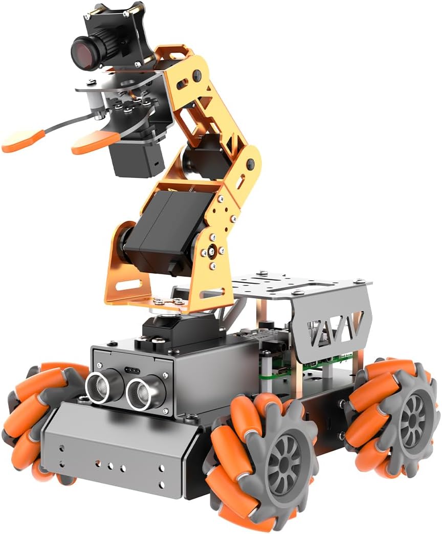 Robotic Arm for Raspberry Pi, AI Vision MatserPi Open Source Mecanum Wheel Chassis Robot Car Kit 5 DOF/Axis Smart Robotic Arm DIY Robot, with Raspberry Pi 4B 8GB