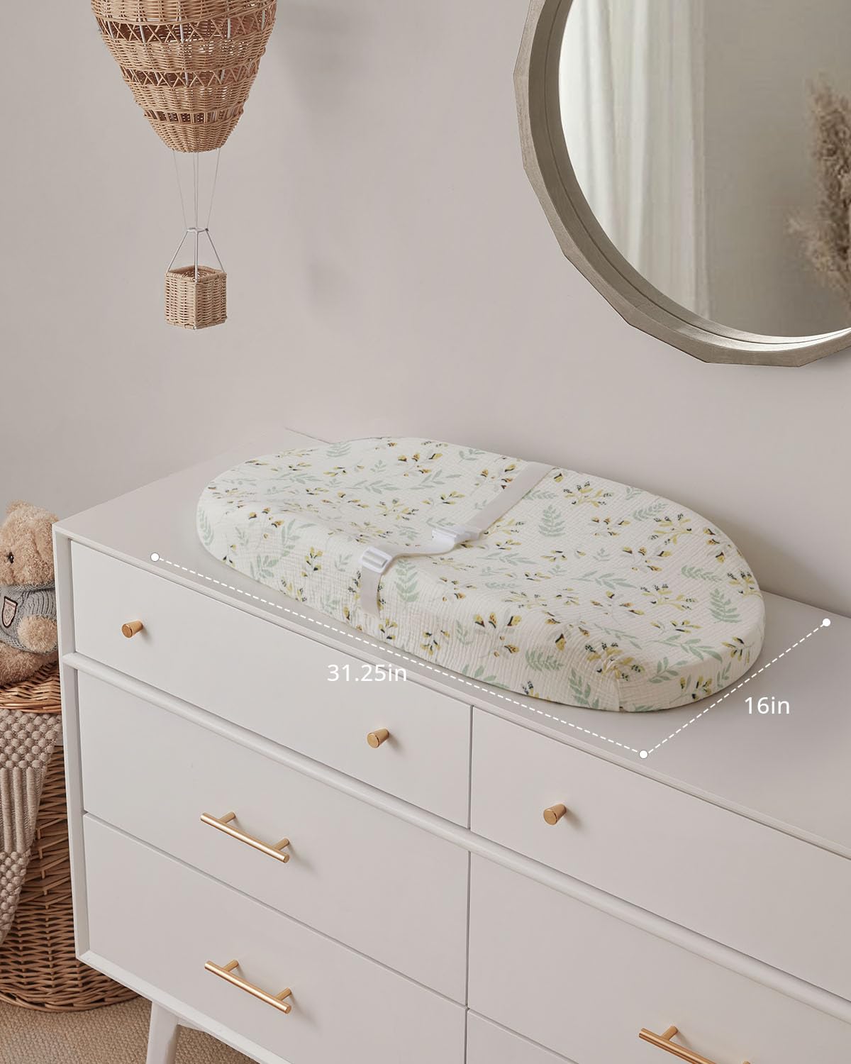 Blissful Diary Muslin Baby Changing Pad with Waterproof Lining Foam, Baby Changing Table Pad with Cover for Dressers (Botanical Leaf, Avocado)