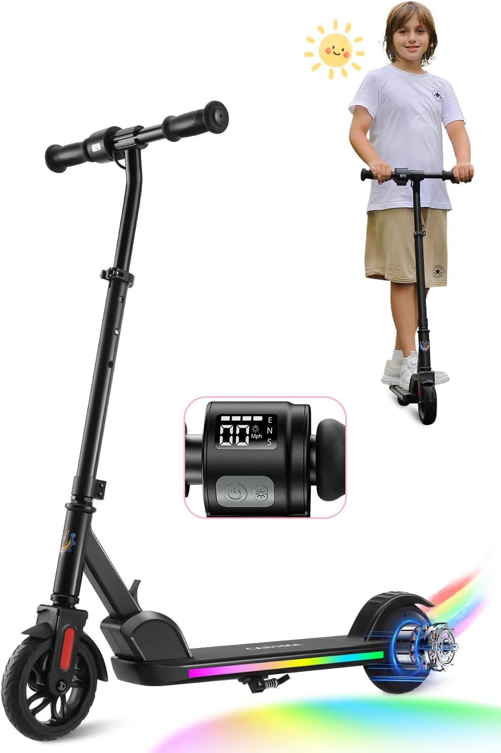 Caroma Electric Scooter for Kids Ages 6-12,150W/180WMotor,10 MPH Max Speed & 7 Miles,Colorful Lights,Adjustable Height & Speed,LED Display,Foldable Kids Electric Scooter 132 Lbs Max Load,Idea Gift