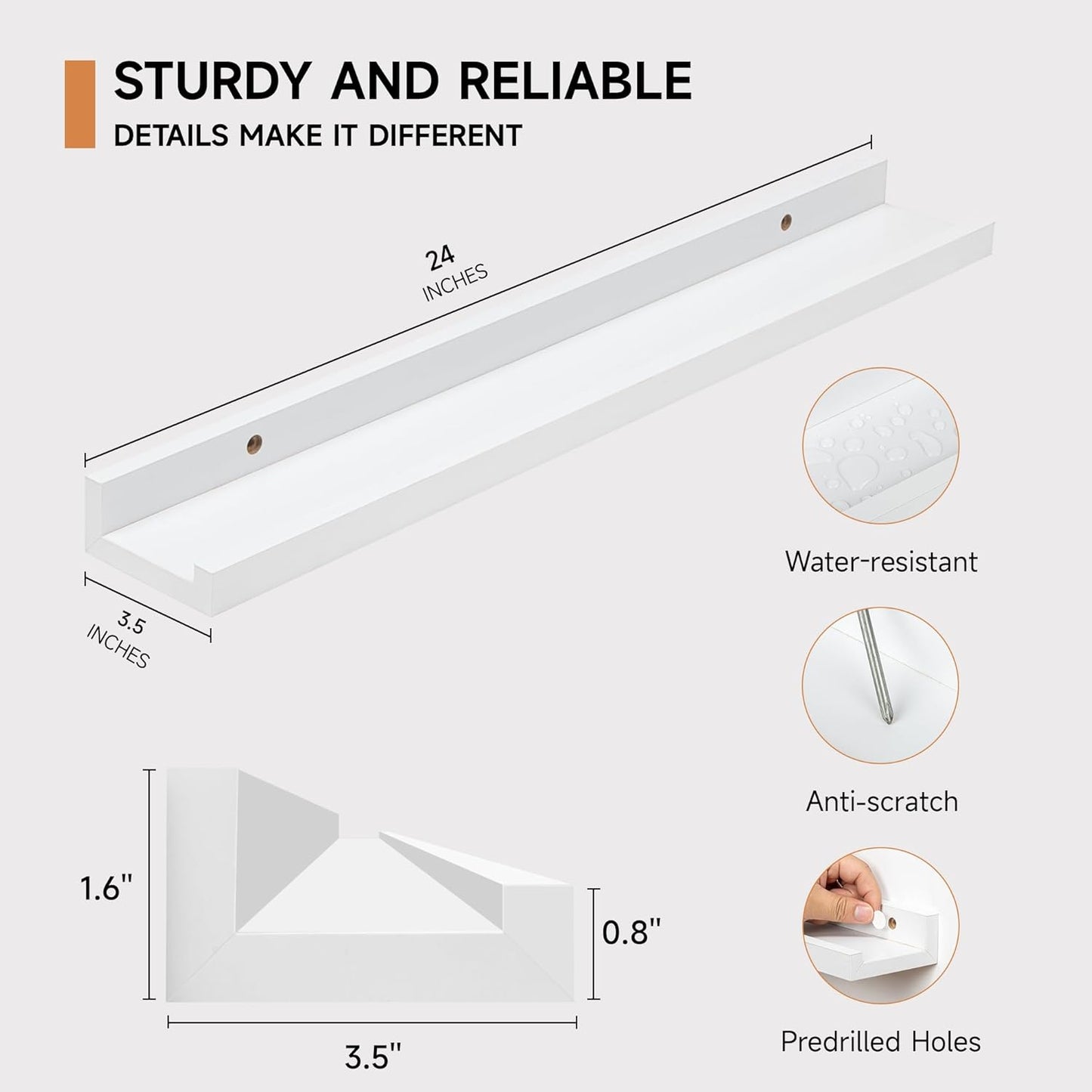 Fun Memories Picture Ledge Shelf, 24 Inch Floating Shelves Set of 2, Nursery Book Shelves for Toys Storage, Kids Bookshelf Wall Mounted for Wall Decor Books Photo Frames, White