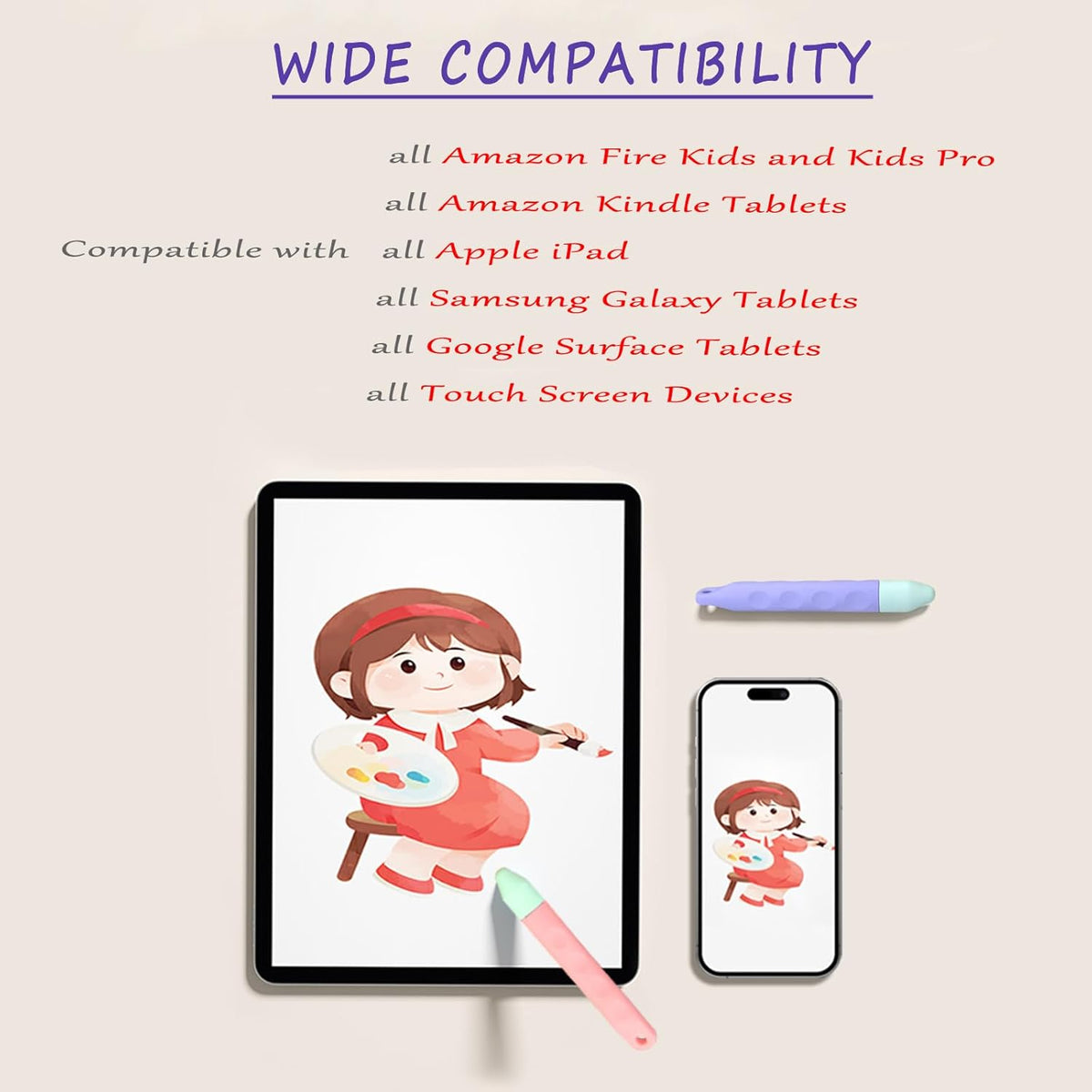 Kid-Friendly Tablet Stylus with Tether, 2 Pack of Pink and Purple Kids Stylus Pen for iPad, Fire Tablet, All AMZ Fire Kids and Kids Pro, Sufface Tablets, Samsung Tablets and All Touch Screen Devices