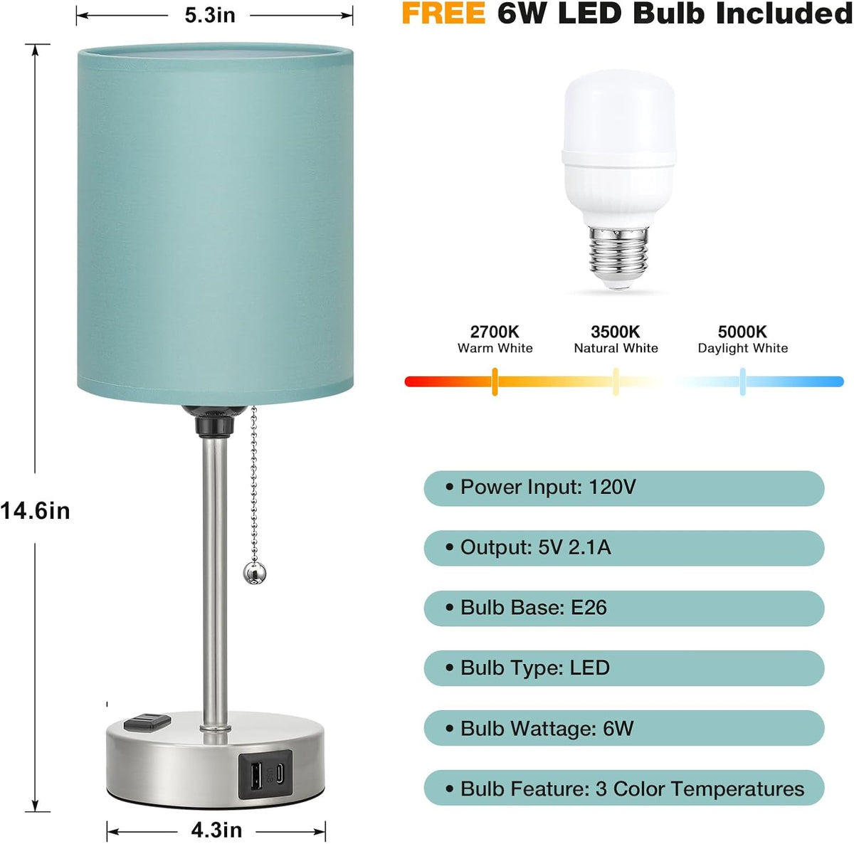 Teal Bedside Lamp for Nightstand - 3 Color Temperature Table Lamp with USB C and A Ports, Pull Chain Lamp for Bedroom with AC Outlet, Coastal Desk Lamp with Silver Metal Base for Kids Girls