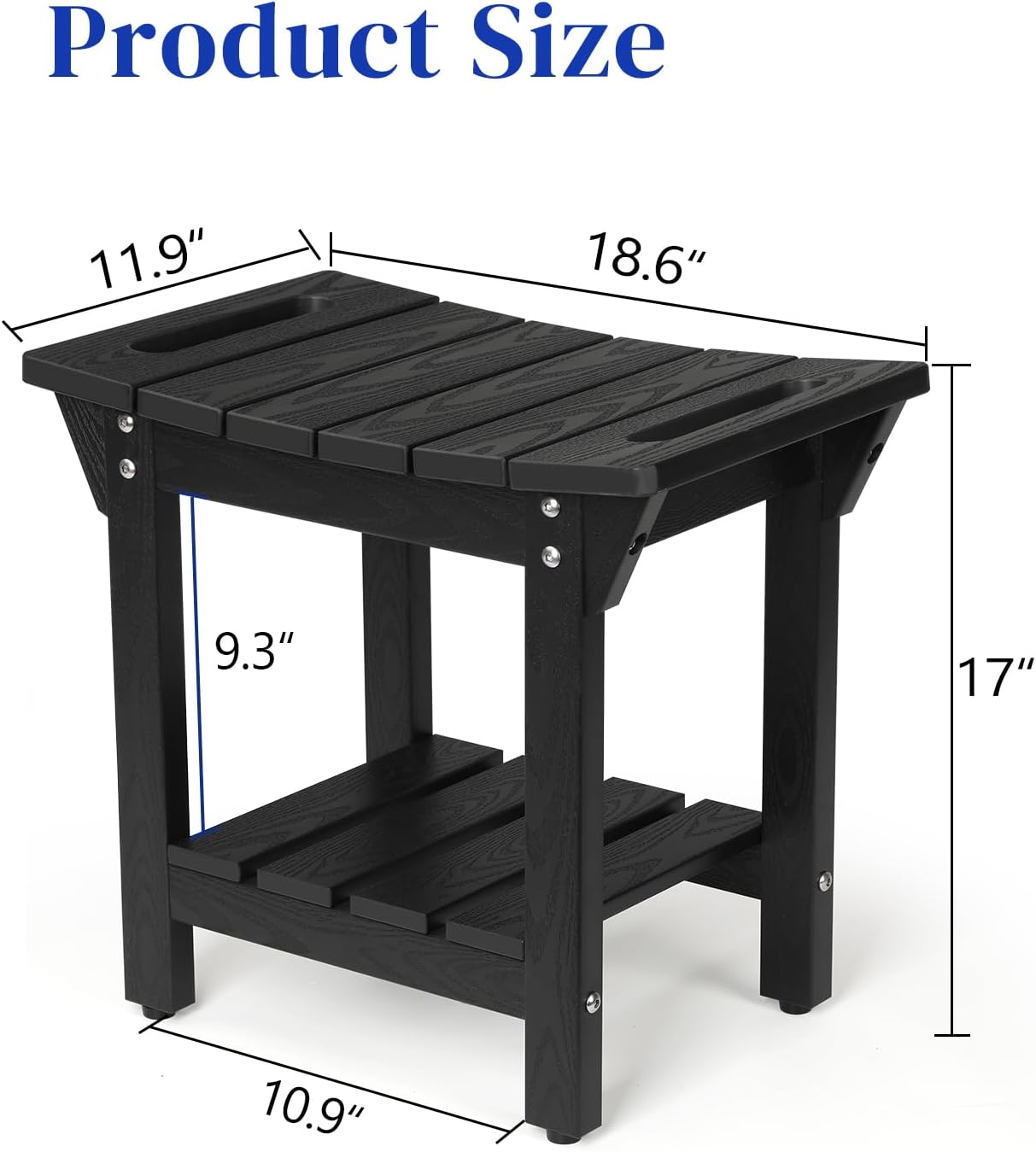 Waterproof Shower Bench, Poly Lumber Shower Stool for Shaving Legs, Shower Chair Seat with Storage Shelf and Handles, Bathroom Bench for Inside Shower, Non-Slip (Black)