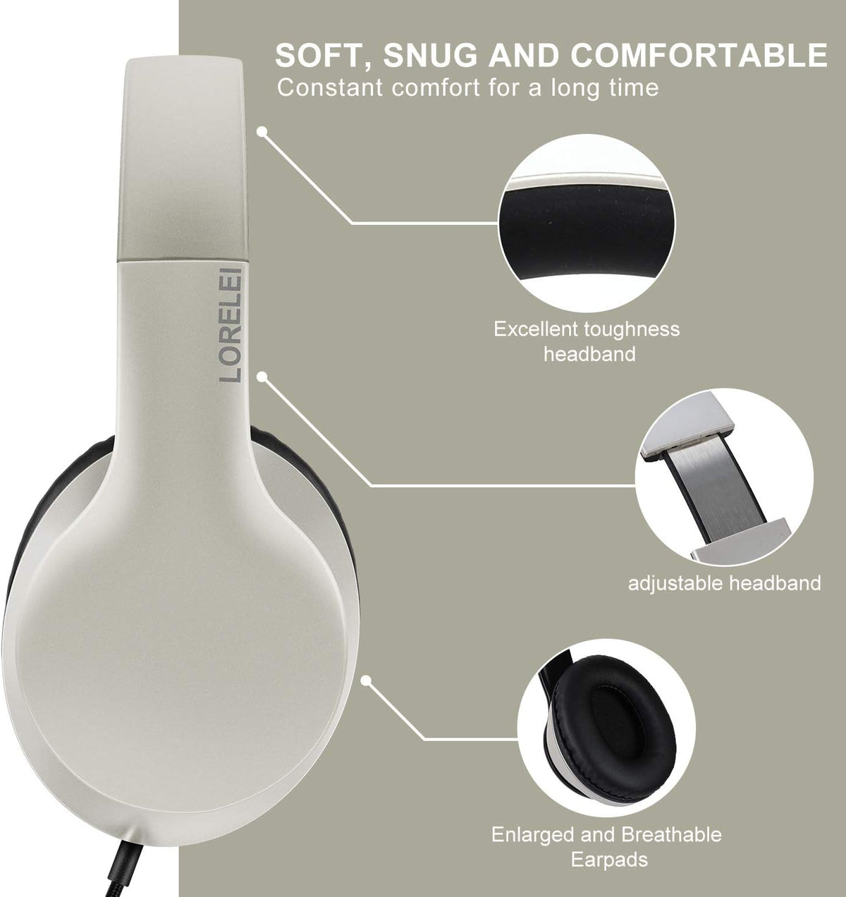 LORELEI X6 Over-Ear Headphones With Microphone, Lightweight Foldable & Portable Stereo Bass With 1.45M No-Tangle, Wired for Smartphone Tablet MP3/4