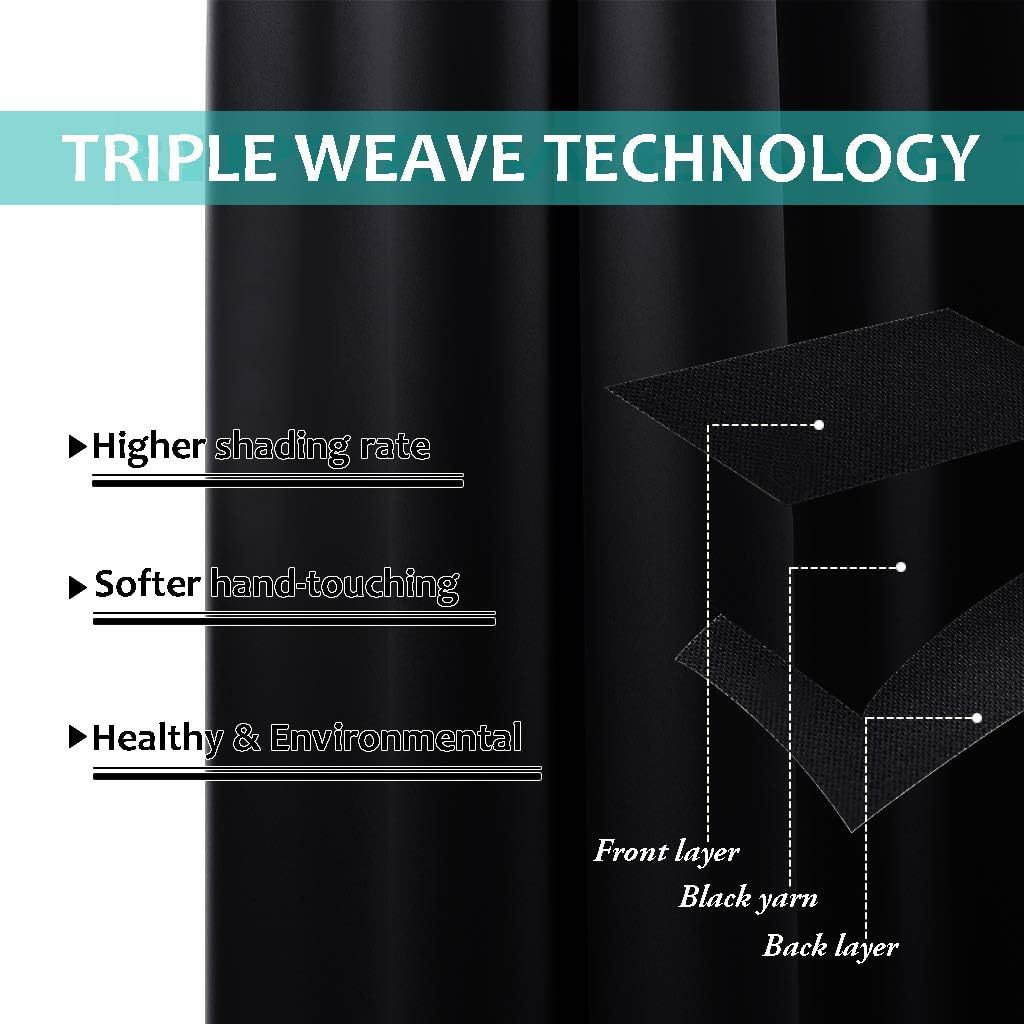 NICETOWN Complete 100% Blackout Curtain Set, Thermal Insulated & Energy Efficiency Window Draperies with Black Liner, Noise Reducing Short Curtains for Kids Room (Black, 46"W by 54"L, Double Panels)