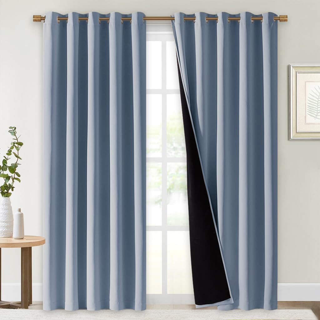 NICETOWN 100% Blackout Window Curtain Panels, Vintage Blue, 2 Pieces, 70" Wide Each Panel, Cold and Full Light Blocking Drapes with Black Liner for Nursery, 84" Drop Thermal Insulated Draperies