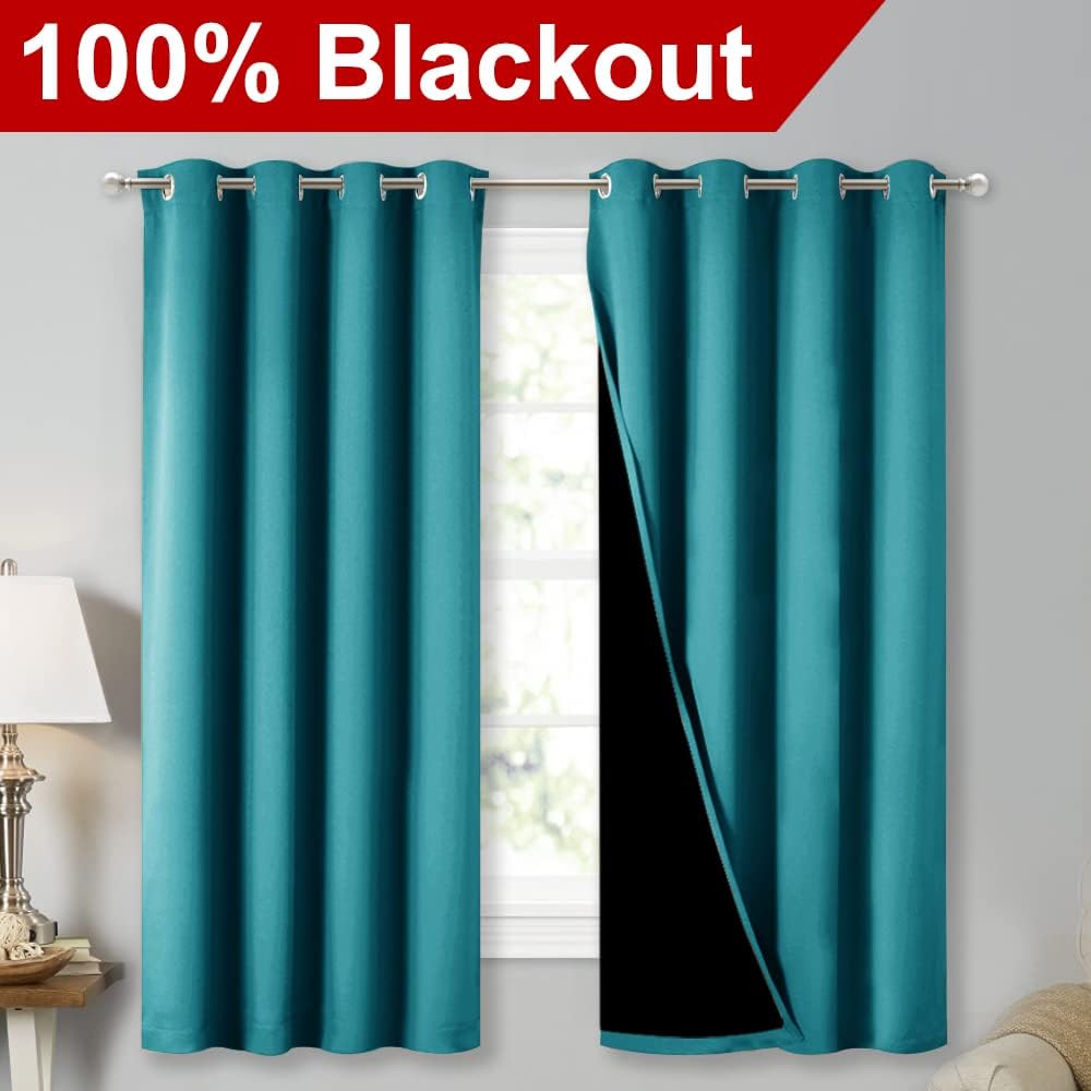 NICETOWN Extra Long Truly Blackout Drapes for Hall and Villa, 46" Width Each Panel, 45" Length, Peacock Teal, 2 Pieces, 100% Blackout Window Curtain Panels with Black Lined for Night Shift Worker