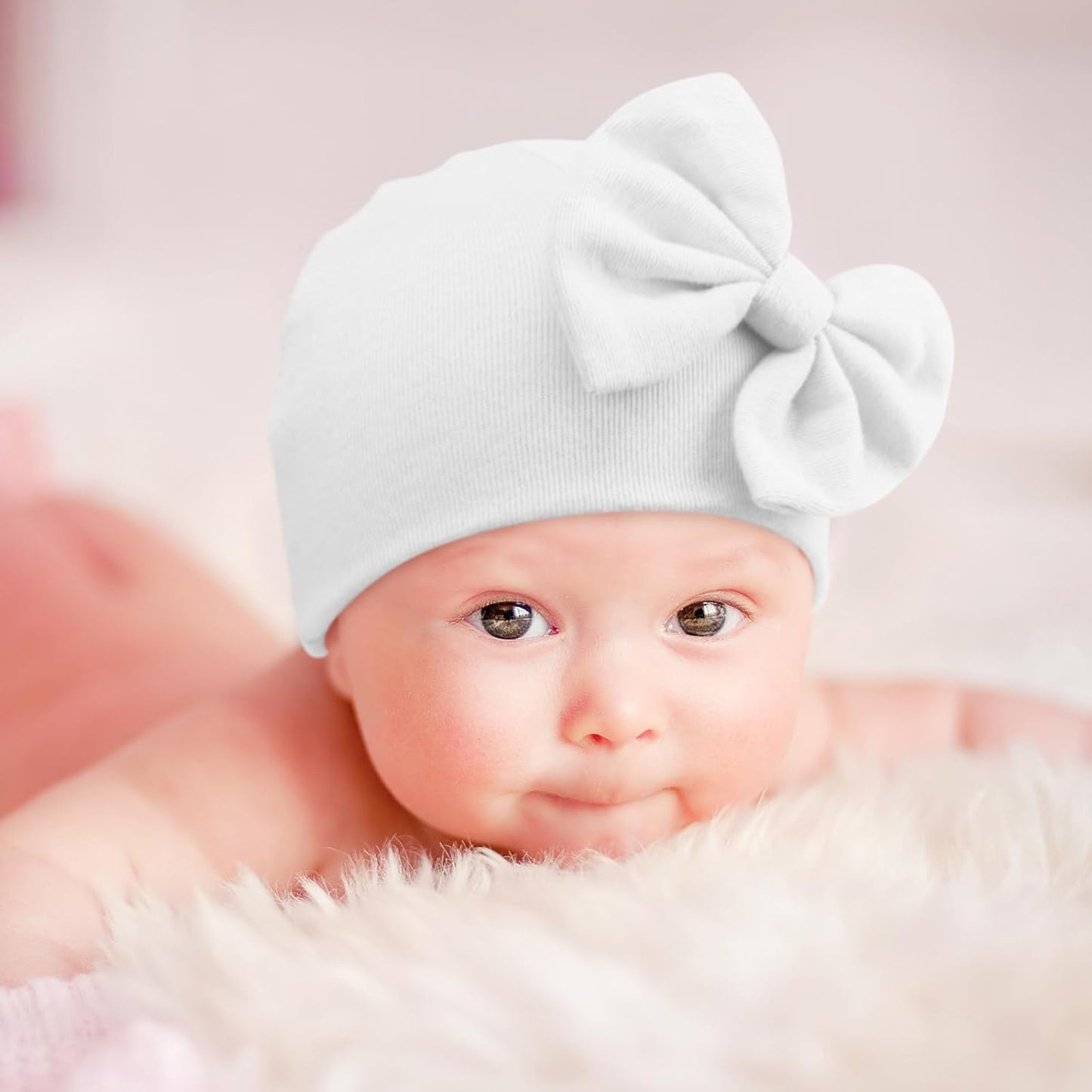 BQUBO Newborn Baby Hats Mittens Set Hospital Hat Beanie Infant Bow Hats Baby Gloves No Scratch Mittens for 0-6 Months