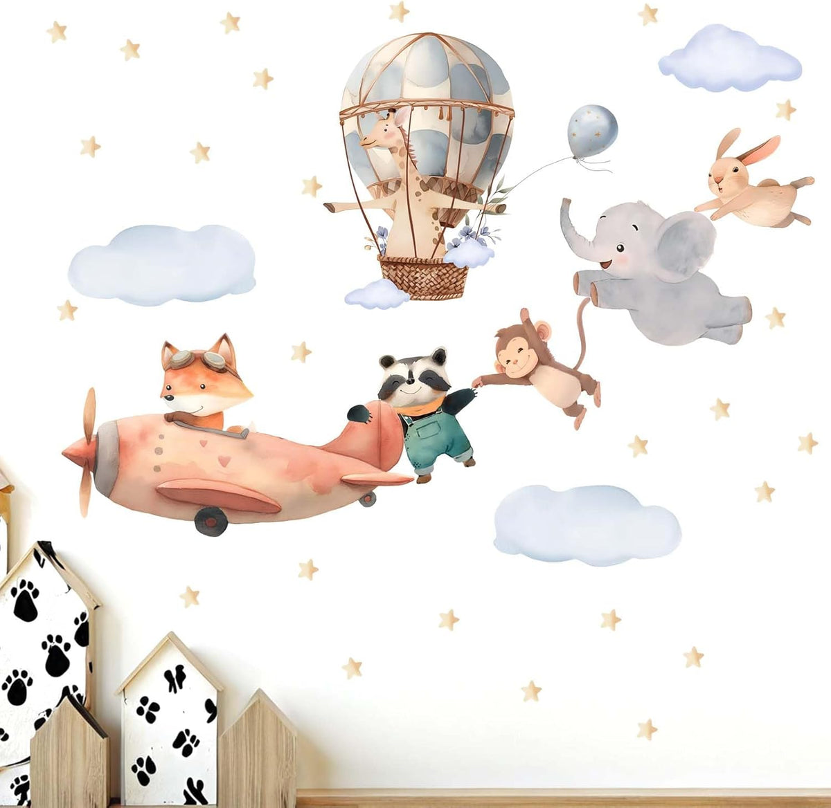 Animals Airplane Wall Stickers for Nursery: Baby Kids Bedroom Wall Decals - Aircrafts Hot Air Balloon Elephant Fox Giraffe Monkey