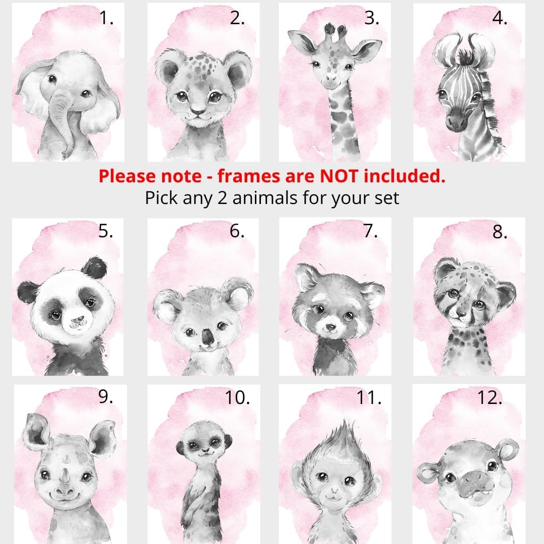 Safari Animals Set of 6 Unframed Poster Prints for Baby Girls Nursery Bedroom Playroom, Personalized Name, Choice of 12 Animals, Pink Purple (8x10)