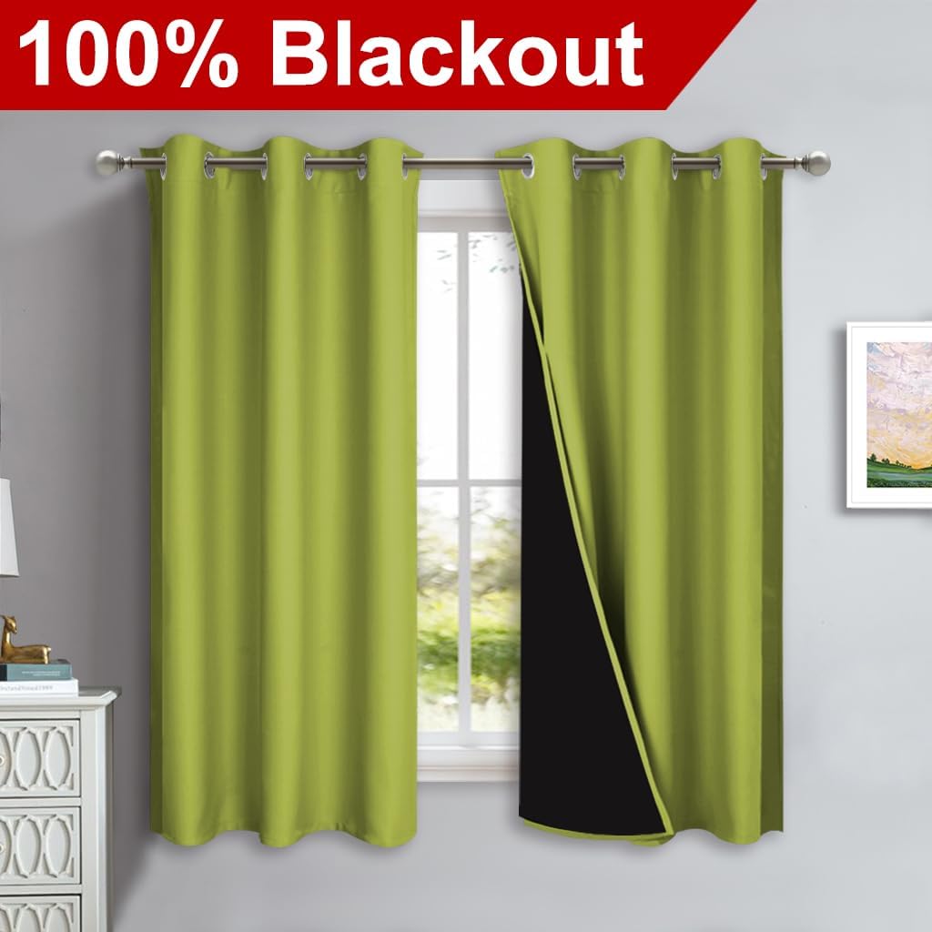 NICETOWN 100% Blackout Short Curtains with Black Liners, 2 Panels, 37" W by 60" L, Fresh Green, Solid Thermal Insulated Full Blackout 2-Layer Lined Drapes, Energy Efficiency Window Drapes for Bedroom