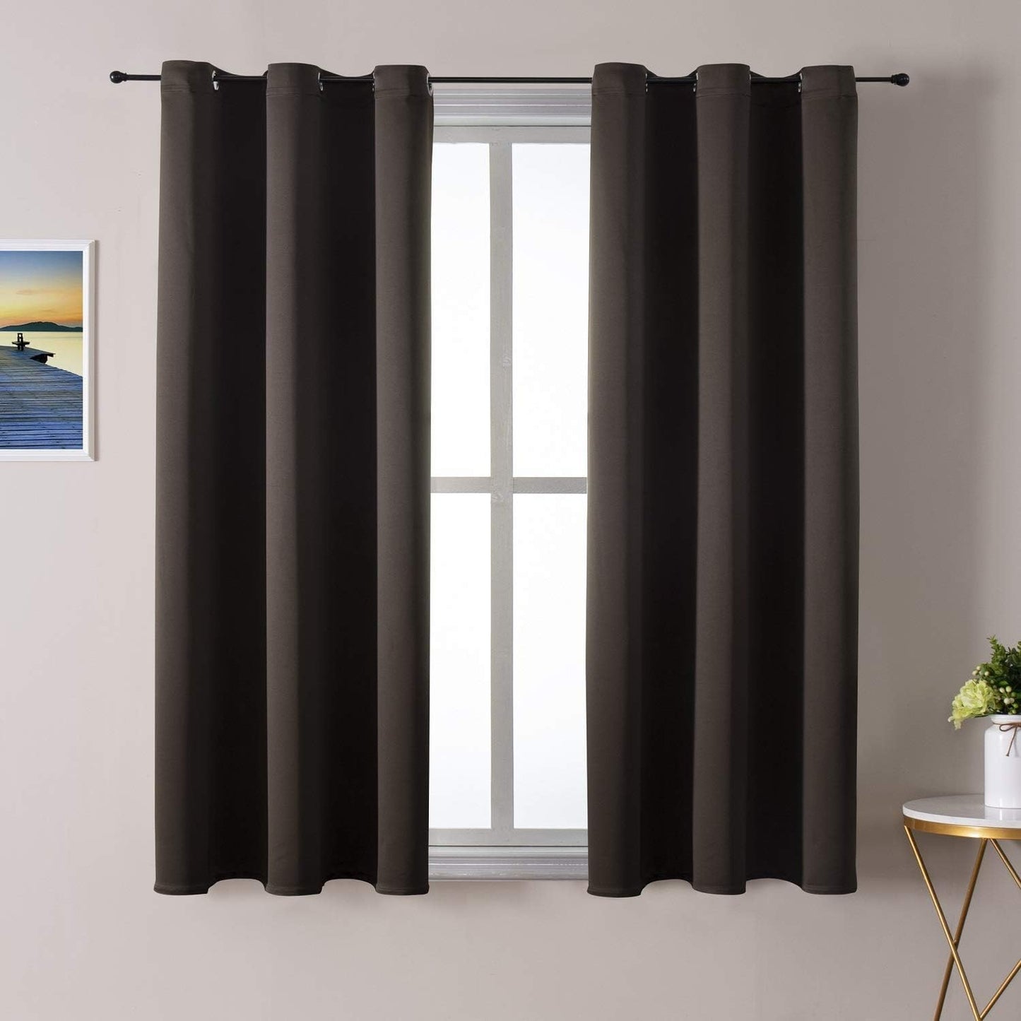 ChrisDowa Small Window Curtains 50 inches Long for Bedroom - Grommet Short Thermal Insulated Room Darkening Curtains for Kitchen (2 Panels, Brown, 29 x 50 Inch)