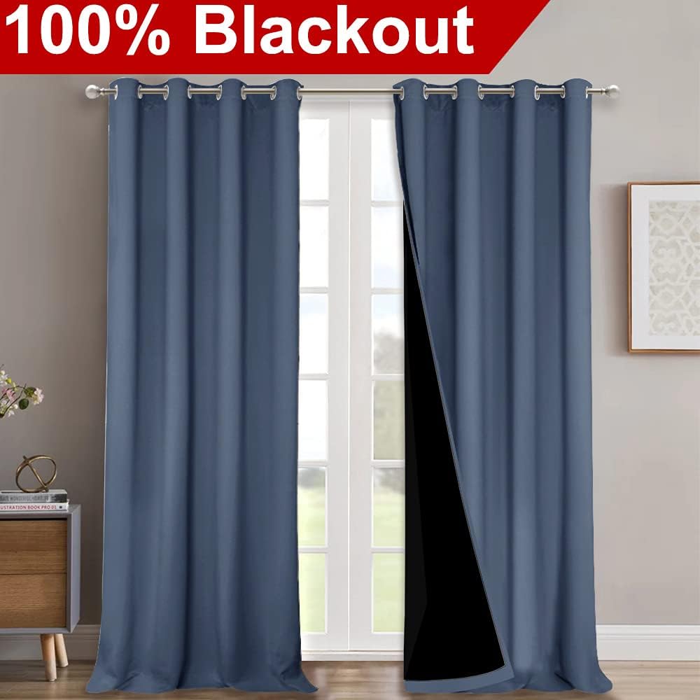 NICETOWN Room Warming Curtains, 100% Sun Blocking Curtains, Sound Proof Drapes with Black Backing, Full Light Blocking Panels for Patio Sliding Door (Stone Blue, 1 Pair, 52 inches x 108 inches)