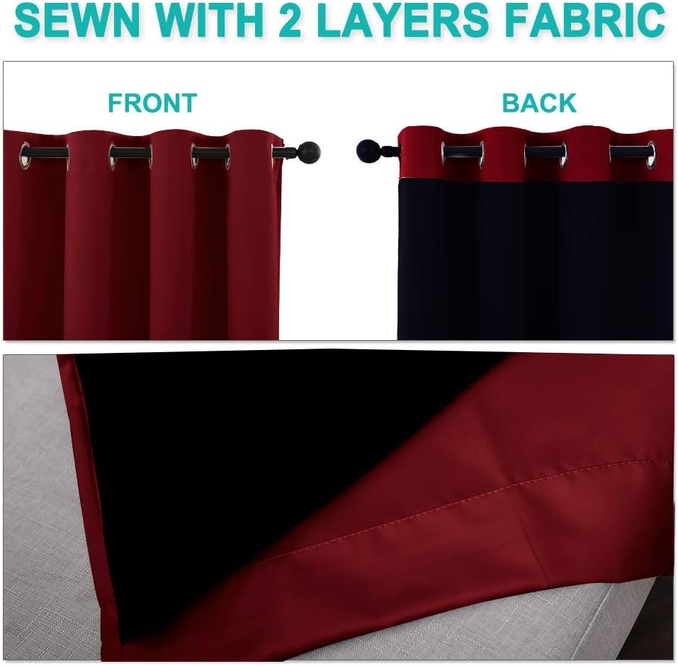 NICETOWN 100% Blackout Blinds, Set of 2, 46" x 102", Burgundy Red, Laundry Room Decor Window Treatment Curtains for Large Patio Sliding Door, Thermal Insulated Curtains for Bedroom