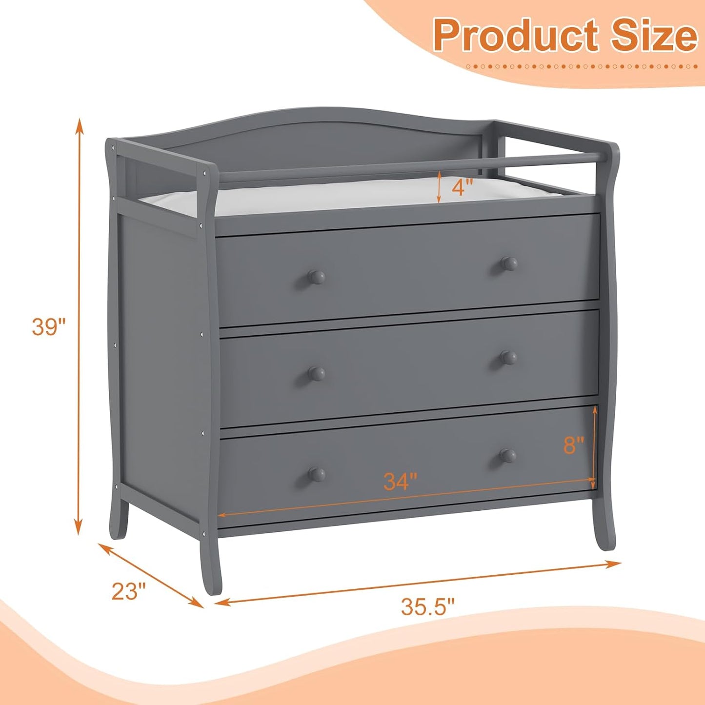 Garvee Wooden Diaper Changing Table,Baby Diaper Changing Station Infant Nursing Table with 3 Drawers, Safety Rail & Strap,Modern Baby Changing Table for Bedroom, Nursery