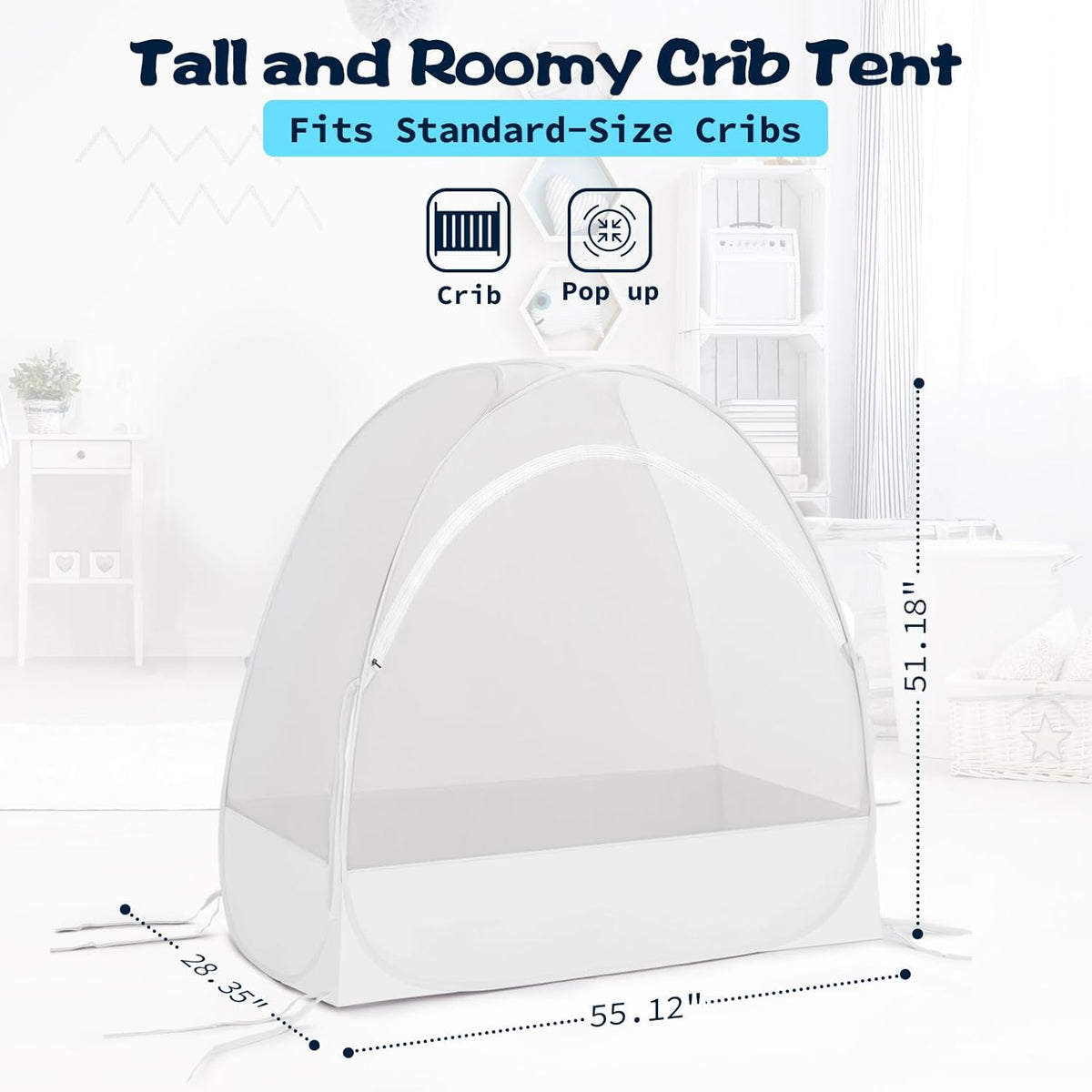 Akiky Large Pop Up Mosquito Net Crib Tent to Keep Baby from Climbing Out Baby Girl Netting Cover Canopy for Naps at Home&Traveling(White)