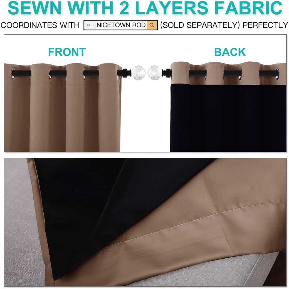 NICETOWN Warm Curtains for Winter, Complete Blackout Shades for Large Window Door, 100% Blackout Curtain Panels with Black Lined, 62 inches Width Each Panel, 95 inches Length, Cappuccino, 2 Pieces