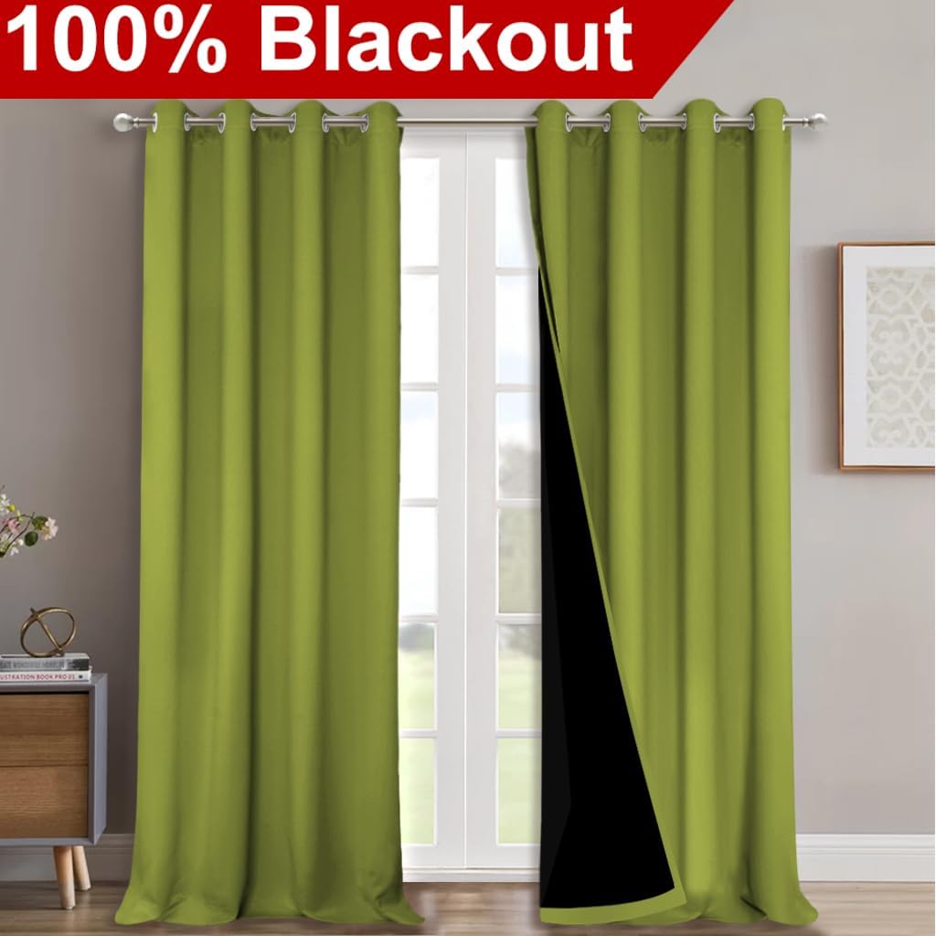 NICETOWN 100% Blackout Curtains for Windows, Pack of 2, Fresh Green, 52" W x 120" L, Super Heavy-Duty Black Lined Total Darkness Drapes for Bedroom, Privacy Assured Window Treatment for Patio