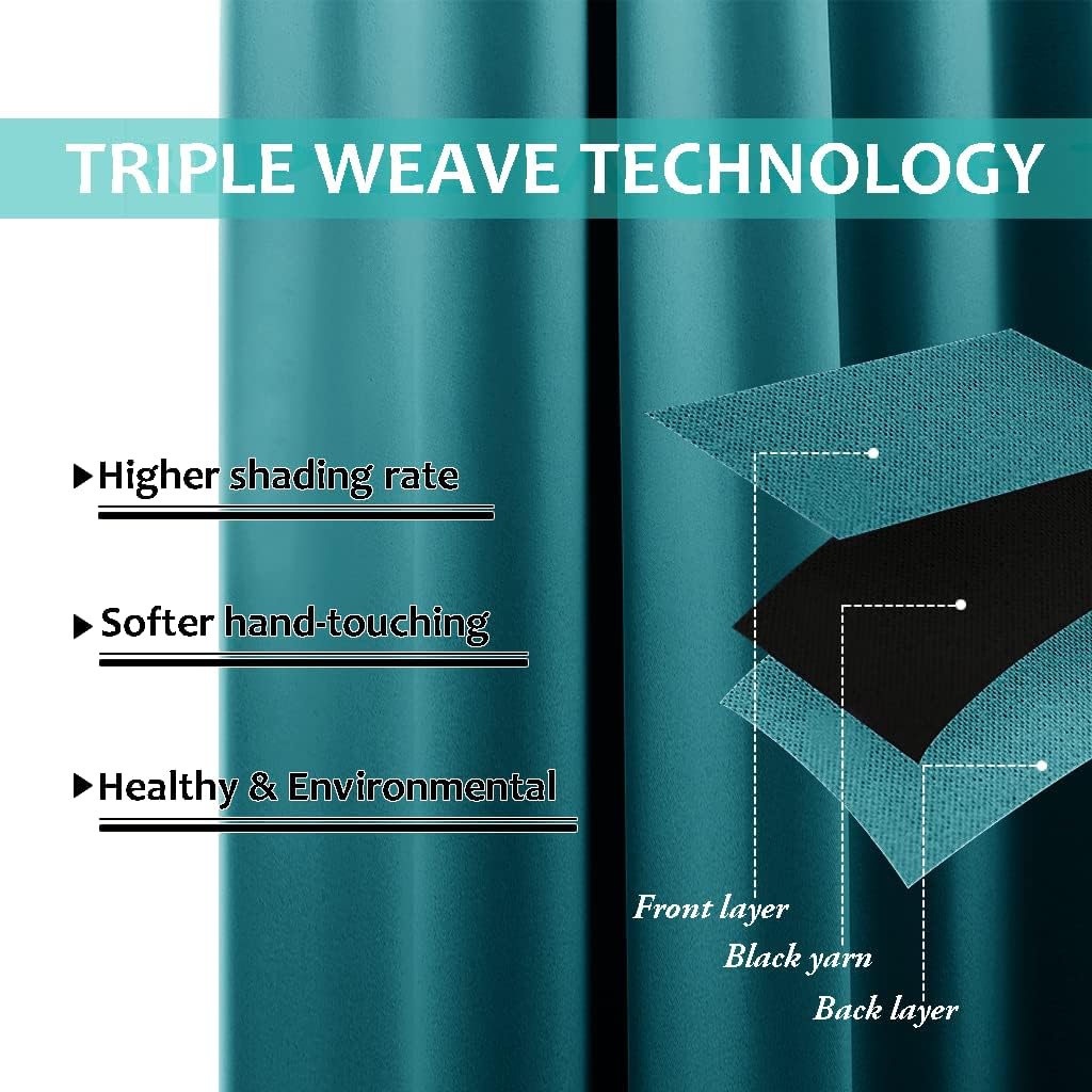NICETOWN 100% Blackout Window Curtain Panels, Full Light Blocking Drapes with Black Liner for Nursery, 72-inch Drop Thermal Insulated Draperies (Peacock Teal, 2 Pieces, 70-inch Wide Per Panel)