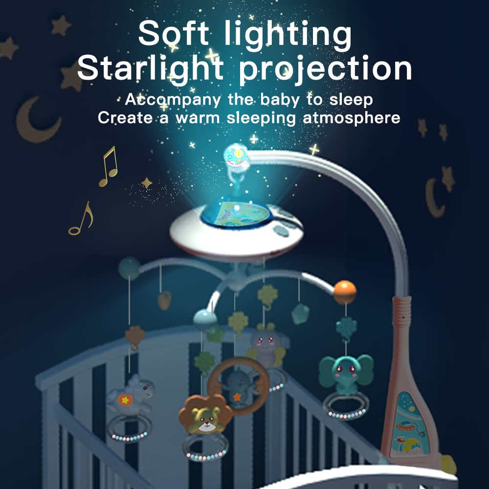 Baby Musical Crib Mobile with Night Lights and Relaxing Music,Hanging Rotating Animals Rattles,Stars Projection,Remote Control,for Boy Girl Newborn Baby Toys（Pink）