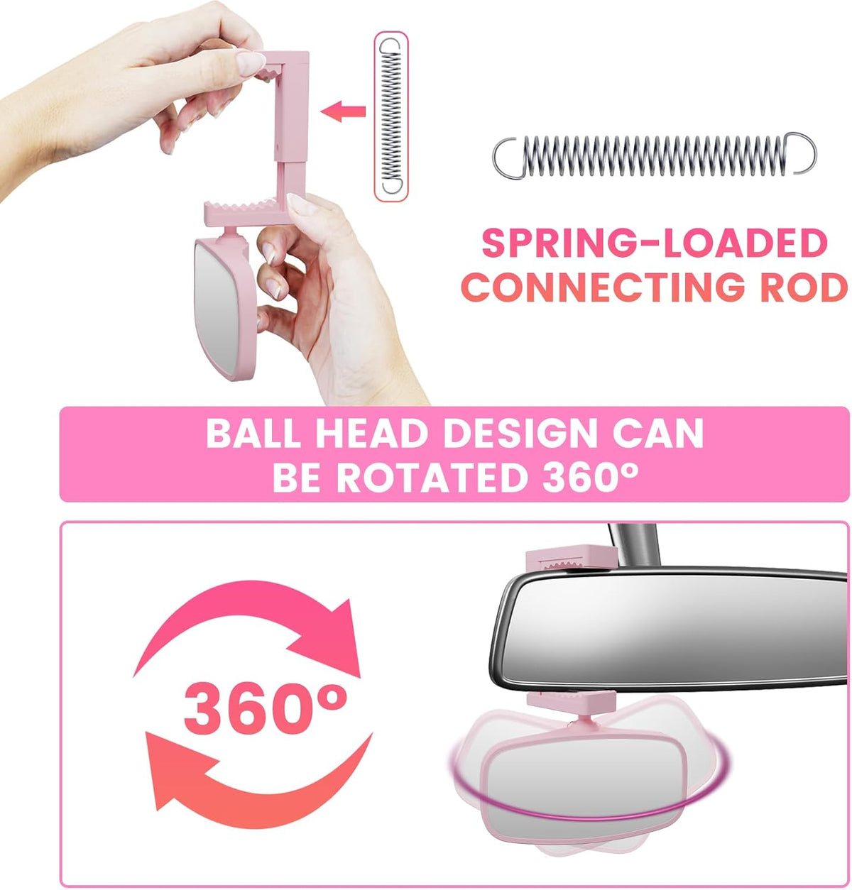 360-Degree Baby Car Mirror for Rear-Facing Seats,Kids Safety Mirrors with Tool-Free Installation,Kids Rear View Mirror BPA-Free Shatterproof & ASTM Certified (Adjustable 14"-22") (PINK)