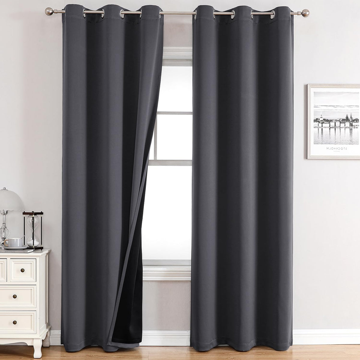 ChrisDowa 100% Blackout Curtains 84 inch Long for Bedroom with Black Liner, 2 Thick Layers Total Blackout Thermal Insulated Grommet Window Curtains 2 Panels Set (Dark Grey, 38 x 84 Inch)
