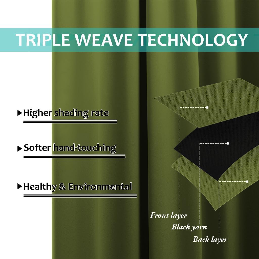 NICETOWN Olive Green Full Shade Curtain Panels, 37" Wide x 70" Long, Olive Green, Pair of Thermal Insulated & Energy Efficiency Blackout Drapes for Living Room, Lined Silky Performance Window Dressing