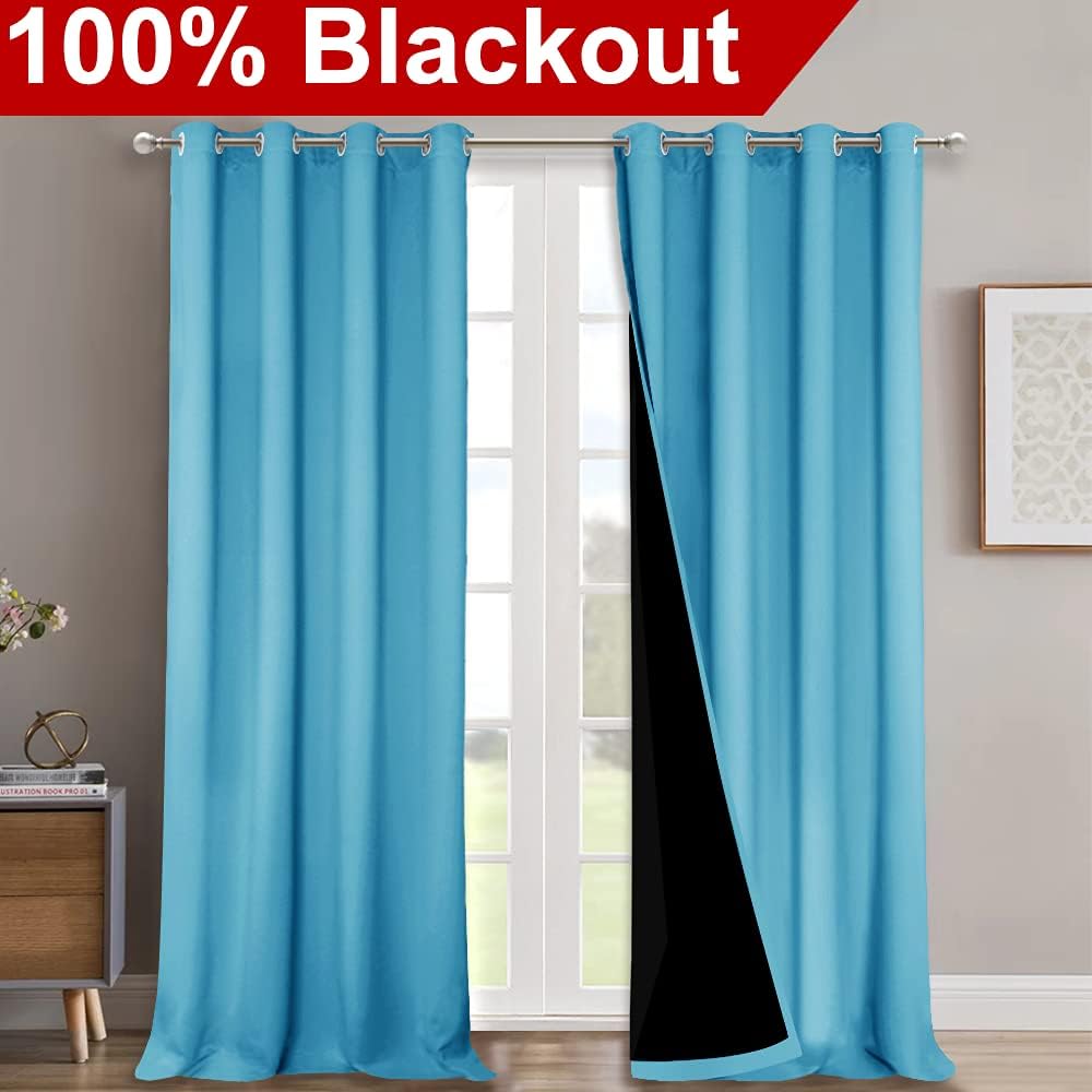 NICETOWN Insulated 100% Blackout Curtains, Noise Reducing Performance Drapes with Black Lining, Full Light Blocking Draperies for Overnight Shift Worker (Light Blue, 2 PCs, 52 inches x 95 inches)