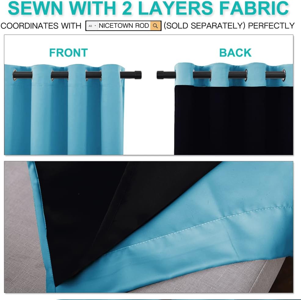 NICETOWN Insulated 100% Blackout Curtains, Noise Reducing Performance Drapes with Black Lining, Full Light Blocking Draperies for Overnight Shift Worker (Teal Blue, 1 Pair, 70 inches x 108 inches)