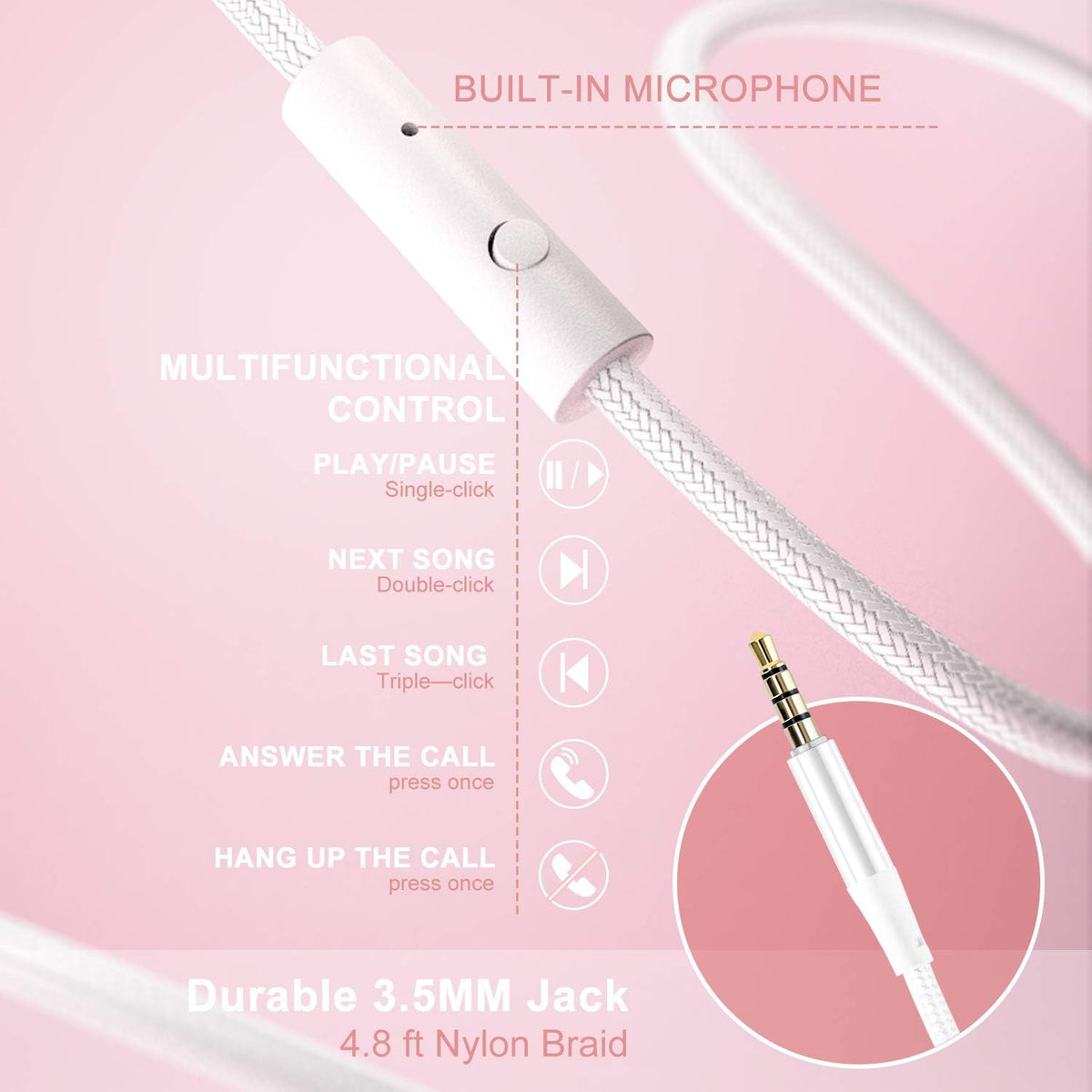 LORELEI X6 Over-Ear Headphones with Microphone, Lightweight Foldable & Portable Stereo Bass Headphones with 1.45M No-Tangle, Wired Headphones for Smartphone Tablet MP3 / 4 (Pearl Pink)