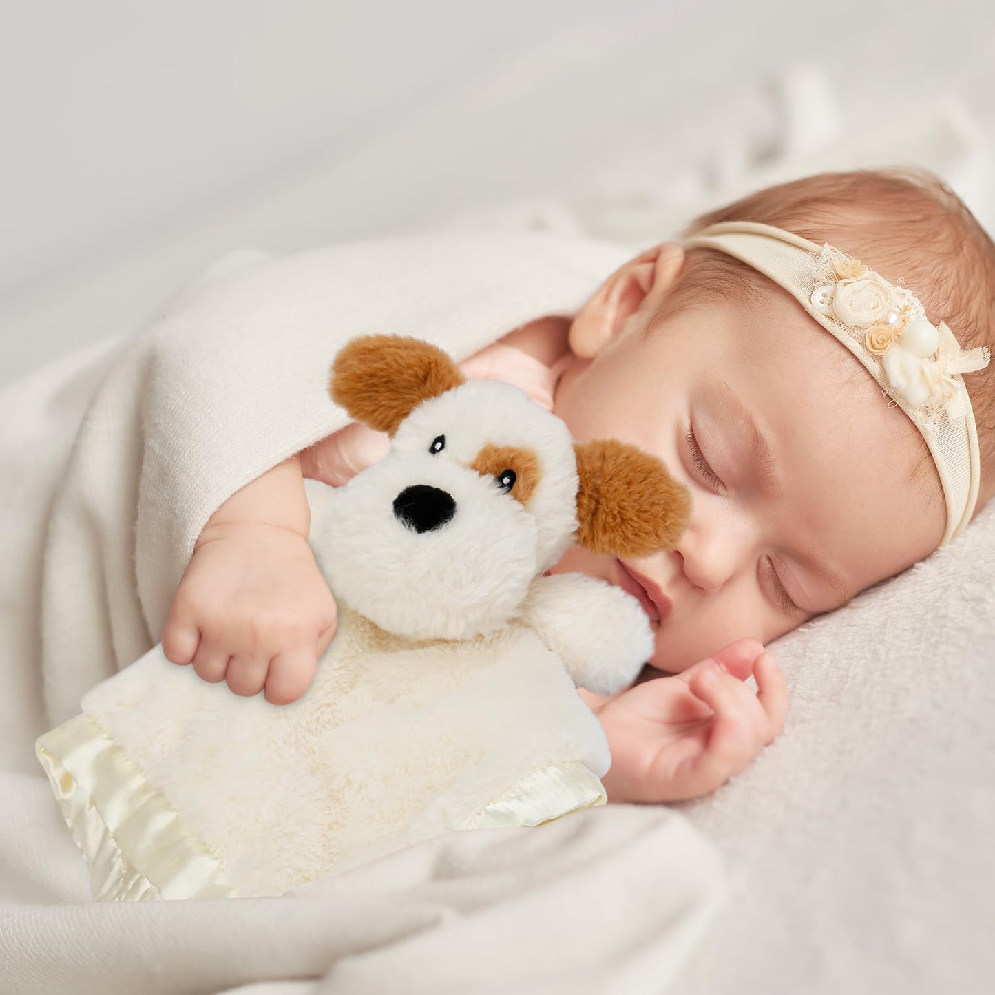 Dog Security Blanket Soft Lovey Baby Stuffed Animal with Satin Backing for Toddler Infant Newborn Boys and Girls, Lovely Unisex Puppy Snuggle Toy, Brown 13.5 Inch
