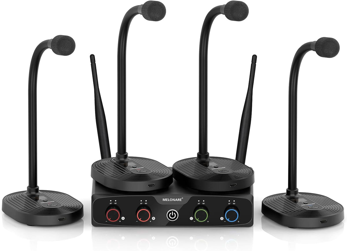 4-Channel Wireless Conference Microphone System, UHF Compact Cordless Mic Set w/ 4x10 Frequencies, 200ft Range, 4 Gooseneck Mics for Lecture, Church, Conference, Public Speaking (MWM-41-4G)